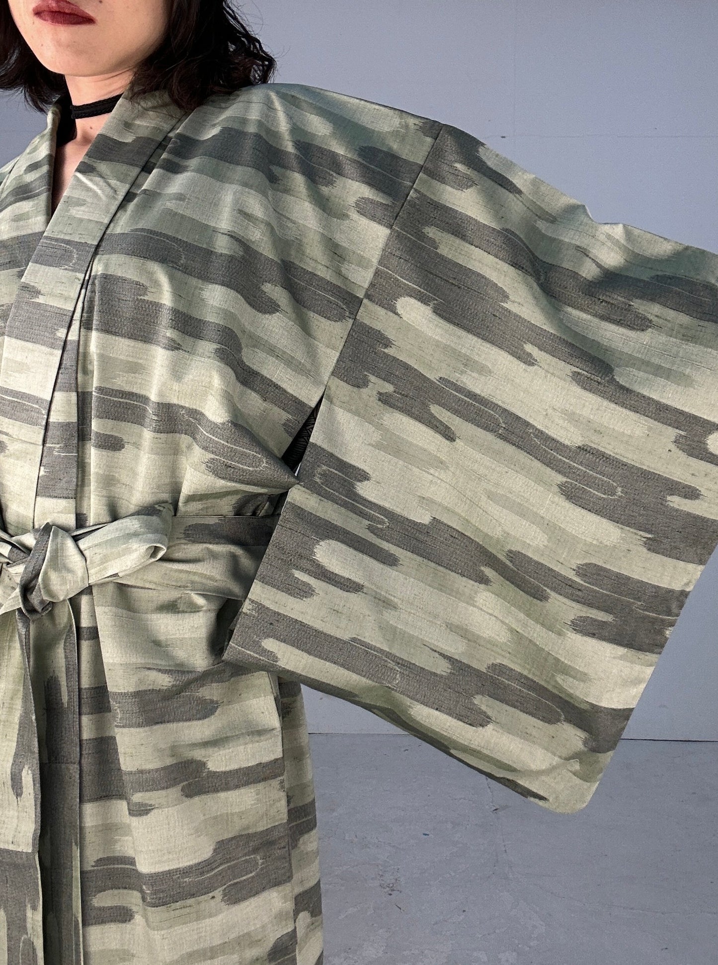 Kimono dress gown and string belt upcycled from Japanese kimono "tsumugi cloud pattern"