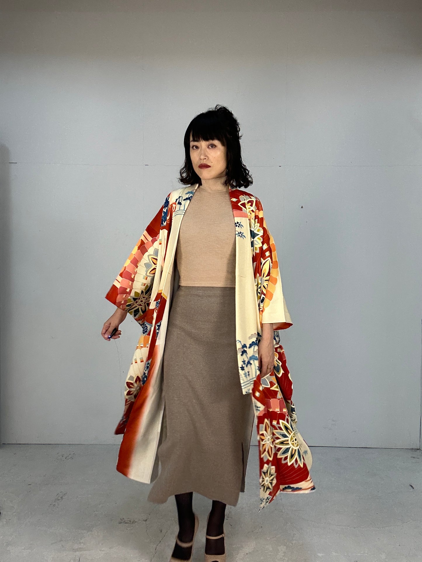 Furisode Kimono dress gown and string belt upcycled from Japanese kimono "furisode aka"