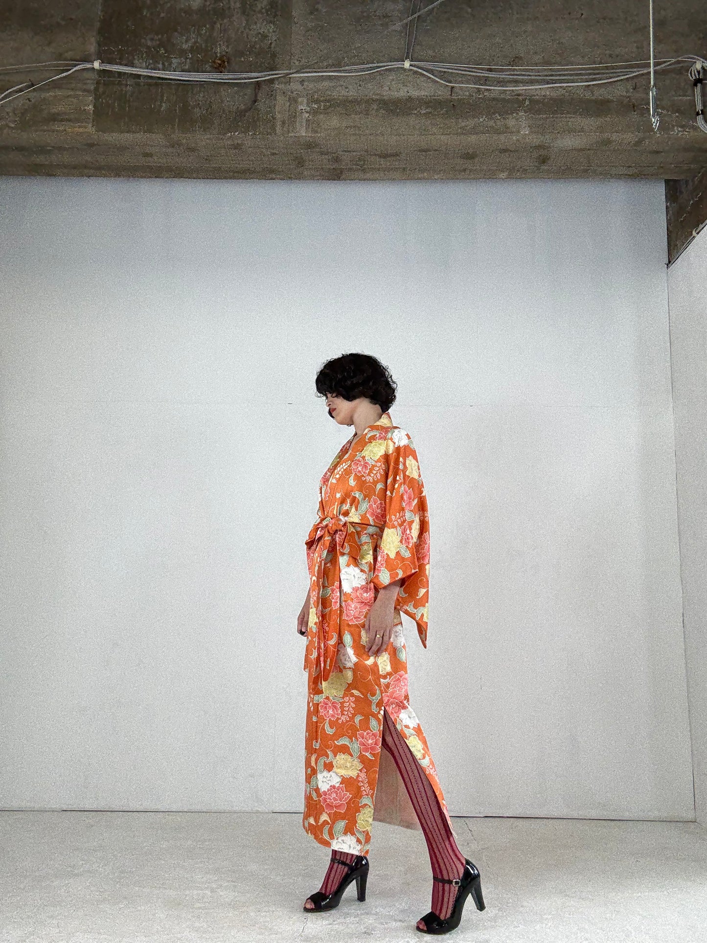 Kimono dress gown and string belt upcycled from Japanese kimono "komon youbana" *damage