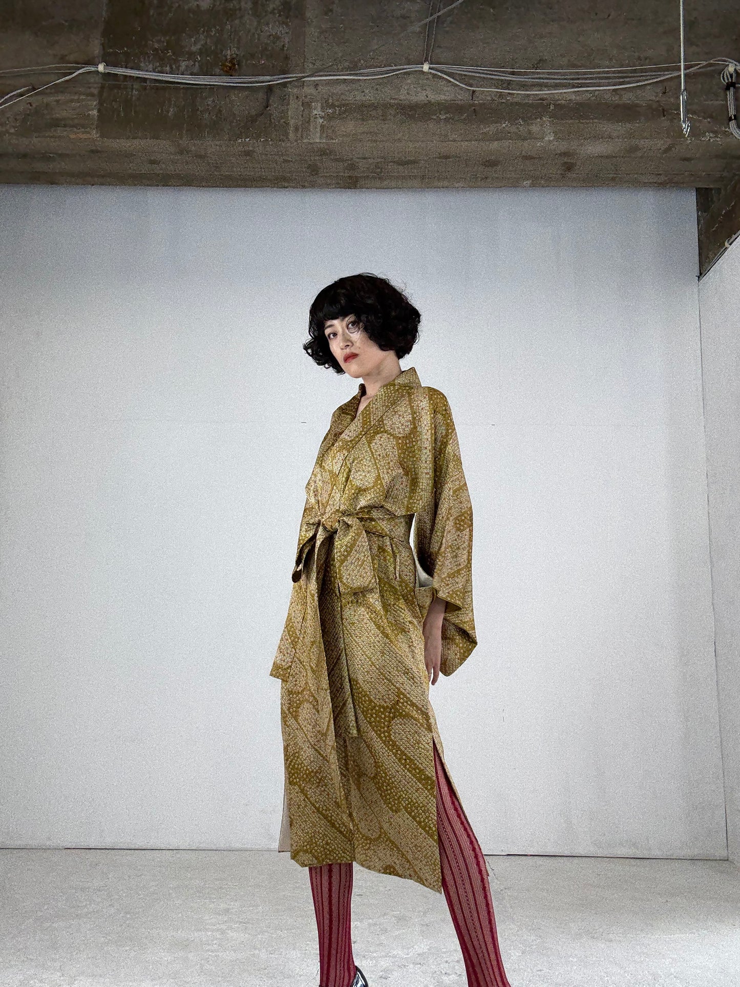 Kimono dress gown and string belt upcycled from Japanese kimono "shibori, yellow" Big Ribbon