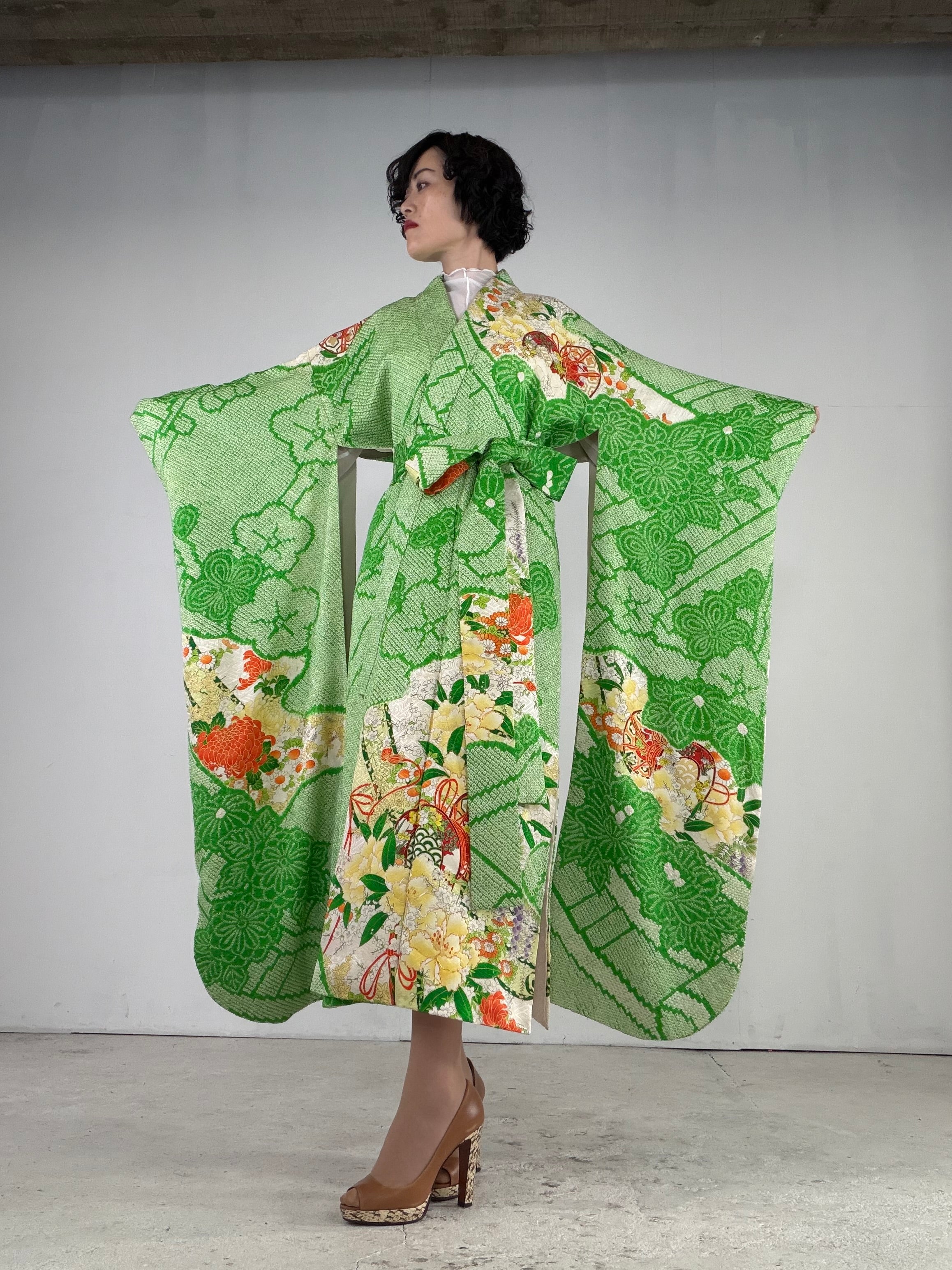 Furisode Kimono Dress Gown with String Belt – Upcycled from
