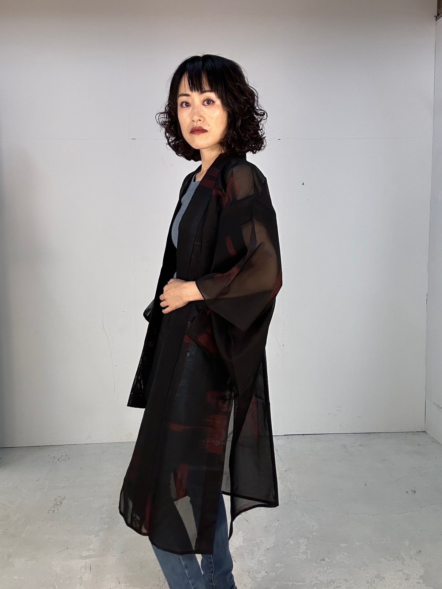 SHEER kimono dress gown and string belt upcycled from Japanese kimono "gin aka ao"