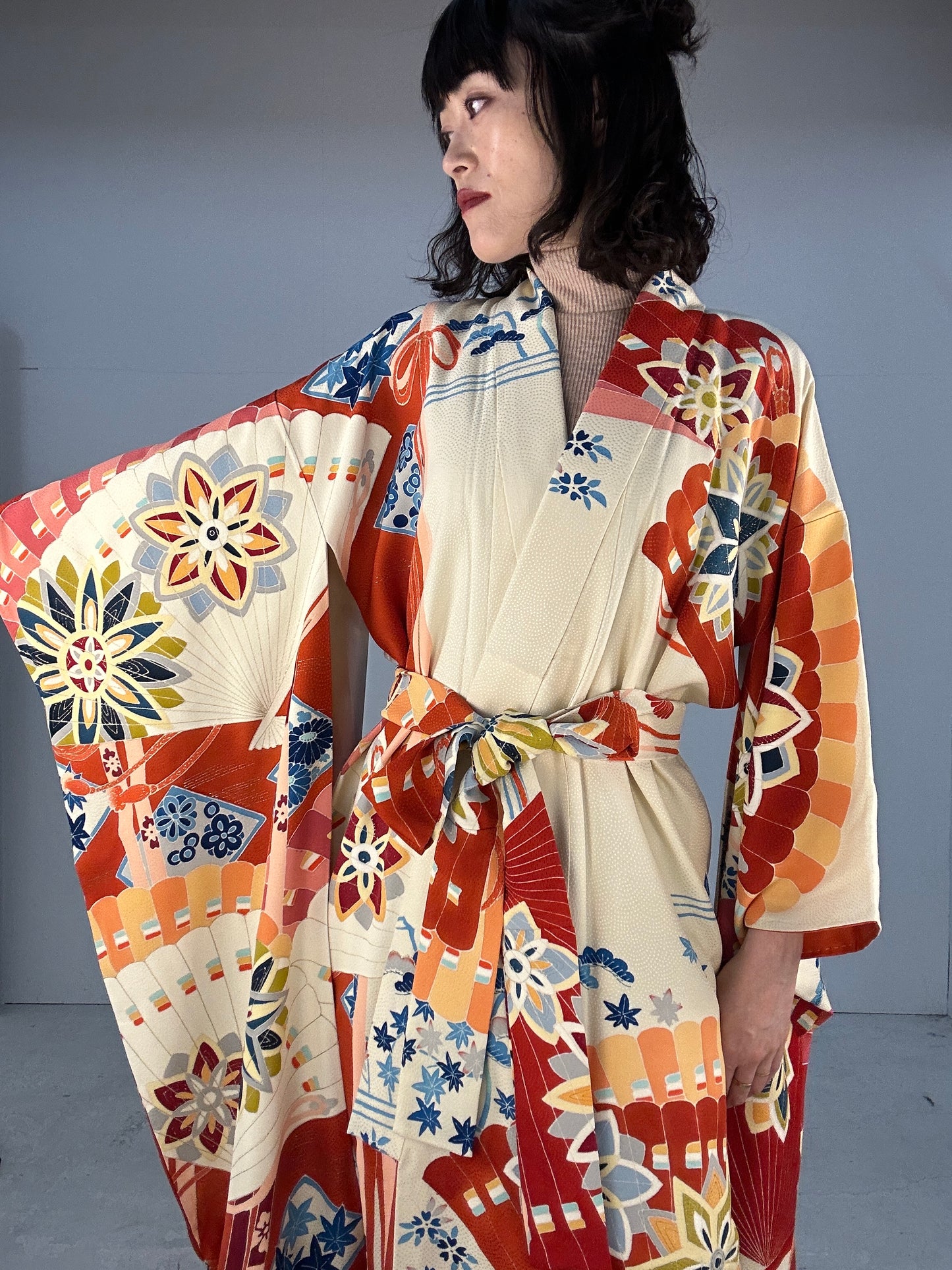 Furisode Kimono dress gown and string belt upcycled from Japanese kimono "furisode aka"