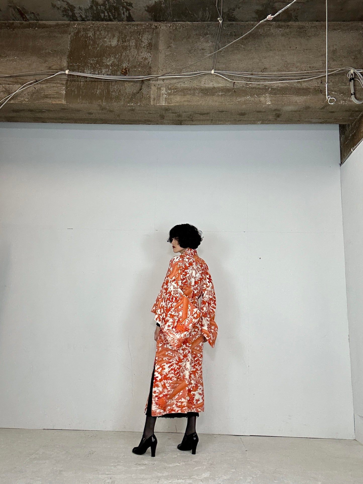 Kimono dress gown and string belt upcycled from Japanese kimono "komon orange shikikusabana"