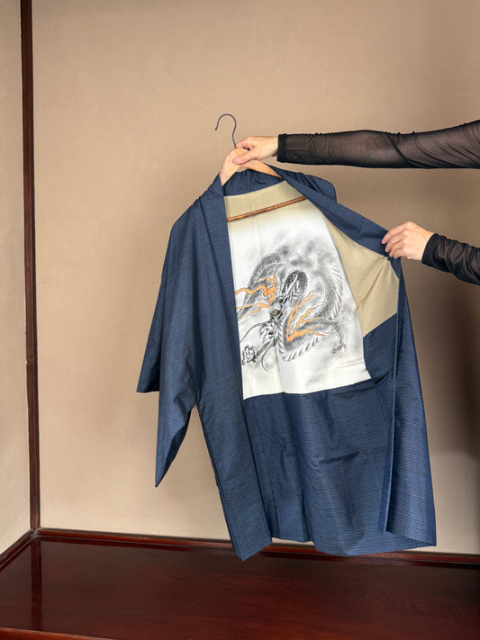 VINTAGE KAWAII HAORI oversized  "oshima, blue,  dragon 034"