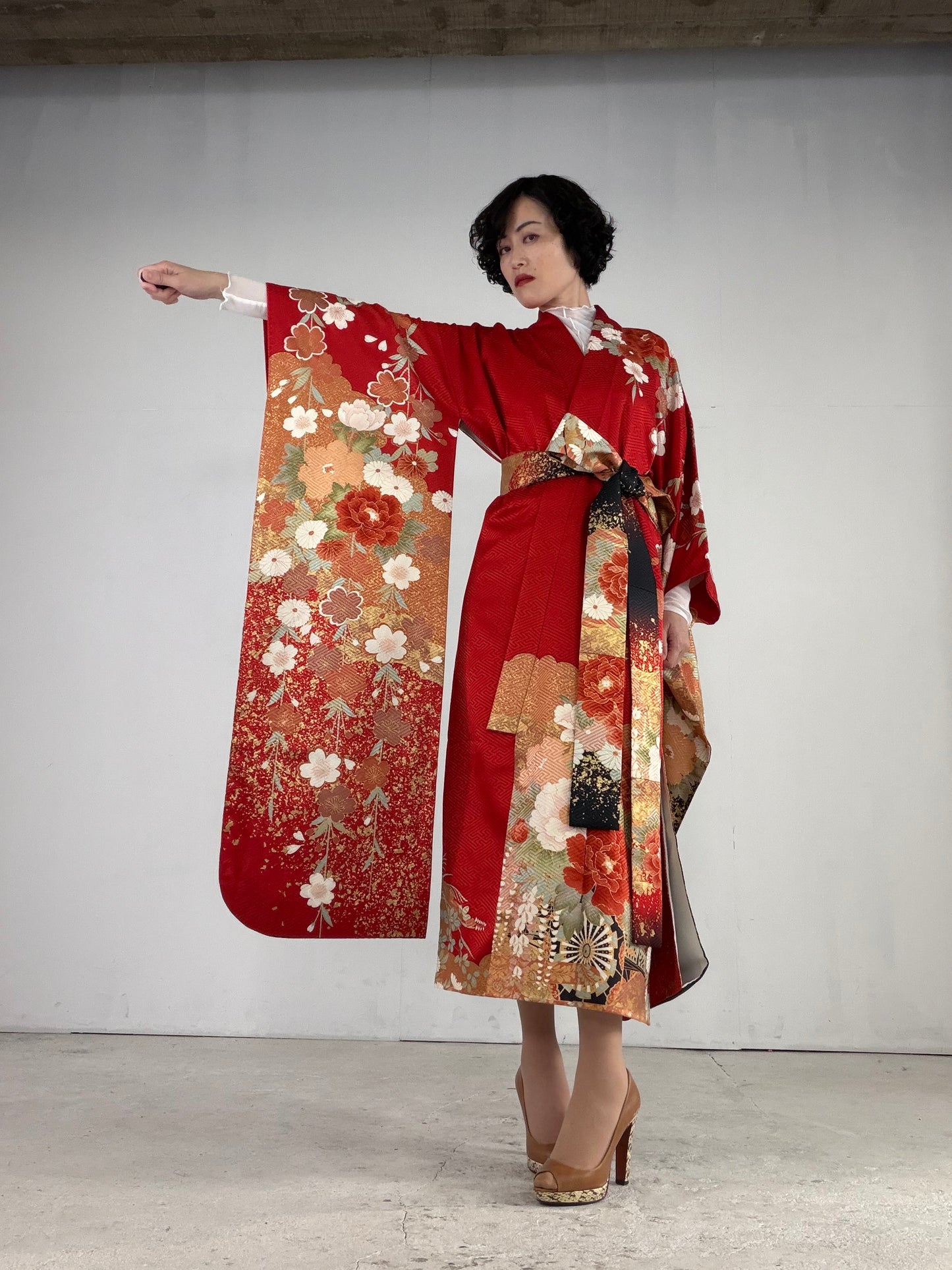 Furisode Kimono Dress Gown with String Belt – Upcycled from Vintage Japanese Kimono "red, sakura, botan, kiku, DRE019"