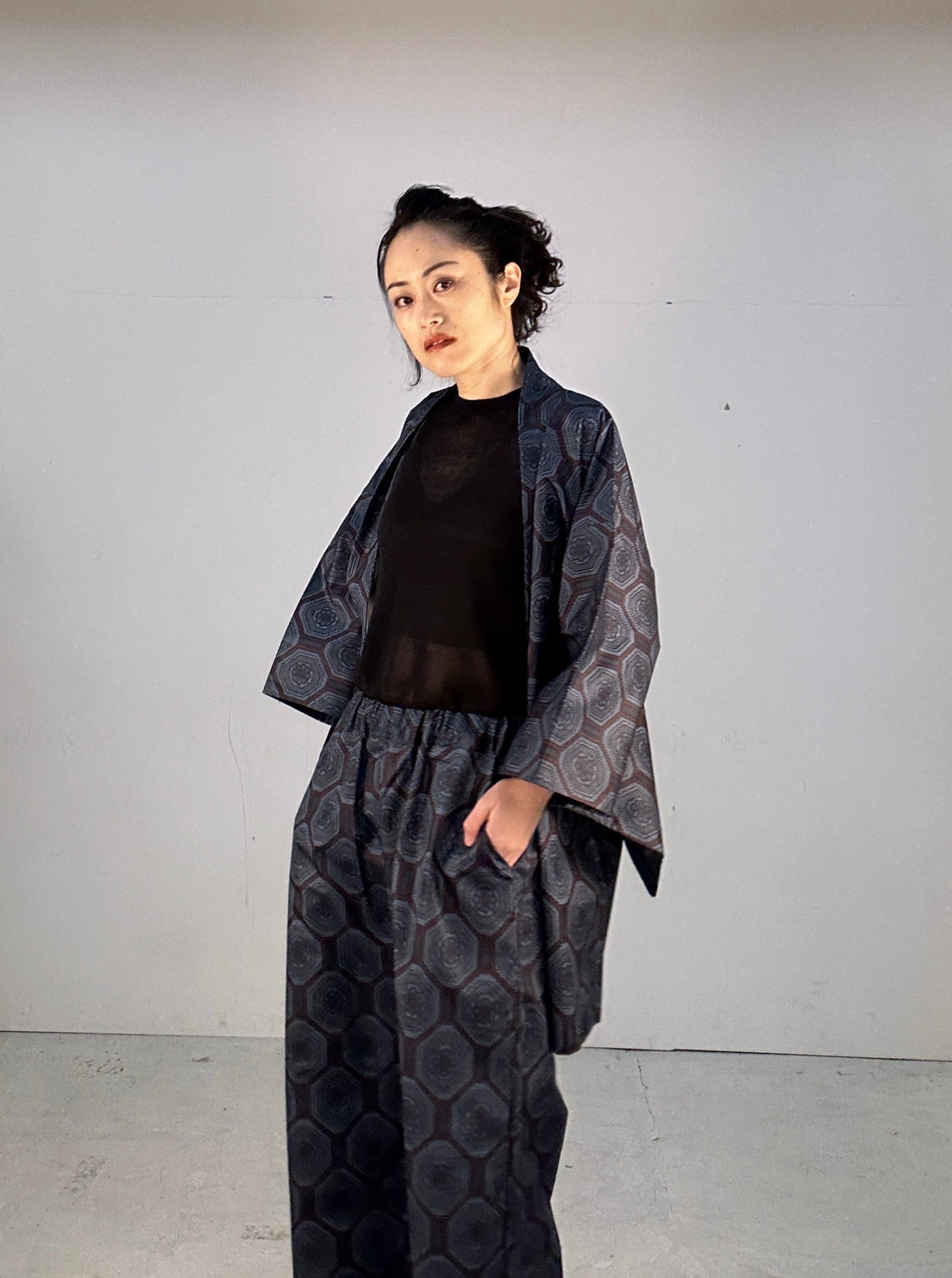 Oshima Tsumugi HAORI and KIMONO elastic waist pants(large size) upcycl –  MACHIKO KIMONO Japanese Kimonos, Vintage & Upcycled