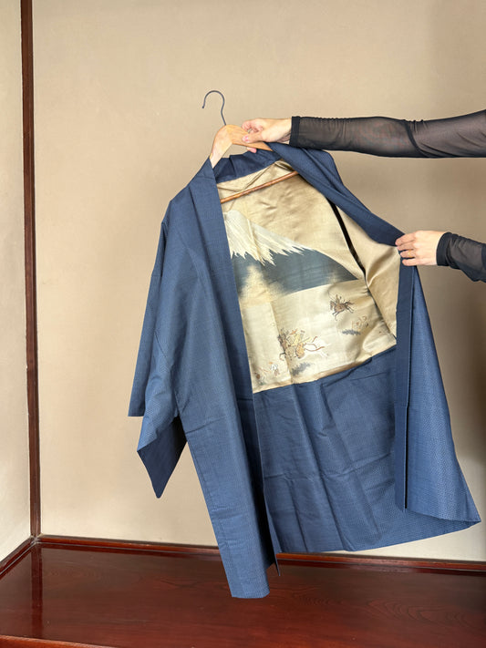 VINTAGE KAWAII HAORI oversized  "oshima, blue, kari,horse,fuji, 063"