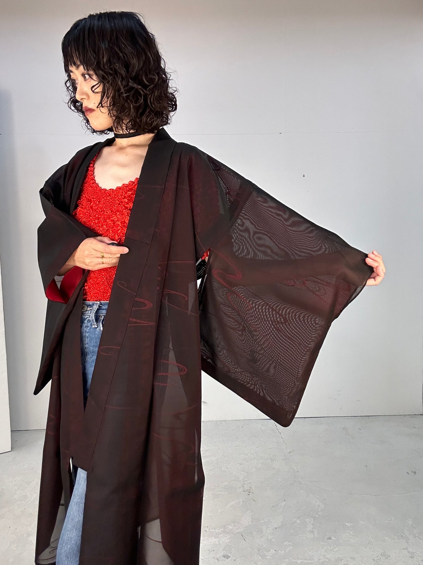 SHEER kimono dress gown and string belt upcycled from Japanese kimono