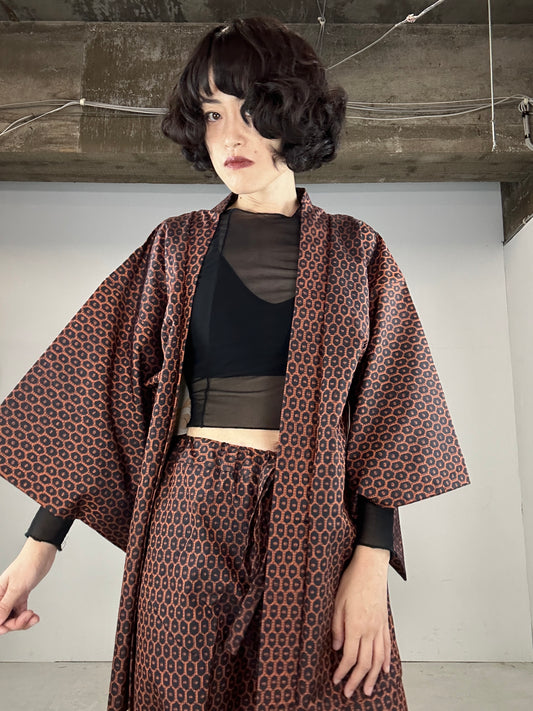 12 KIKKOU Tsumugi HAORI and KIMONO elastic waist pants upcycled from Japanese kimono