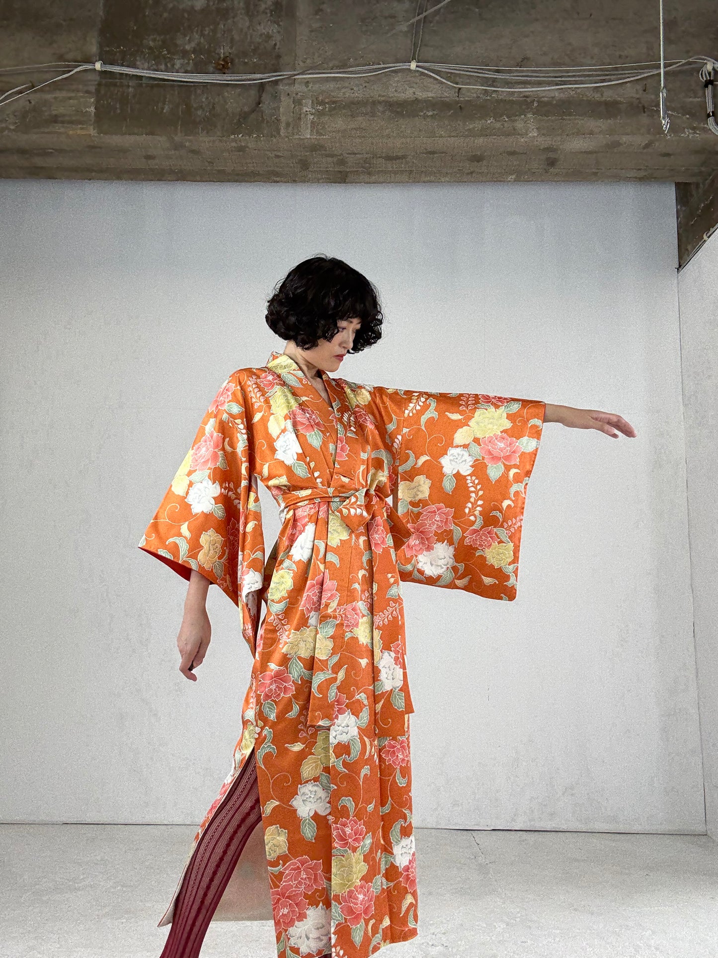 Kimono dress gown and string belt upcycled from Japanese kimono "komon youbana" *damage