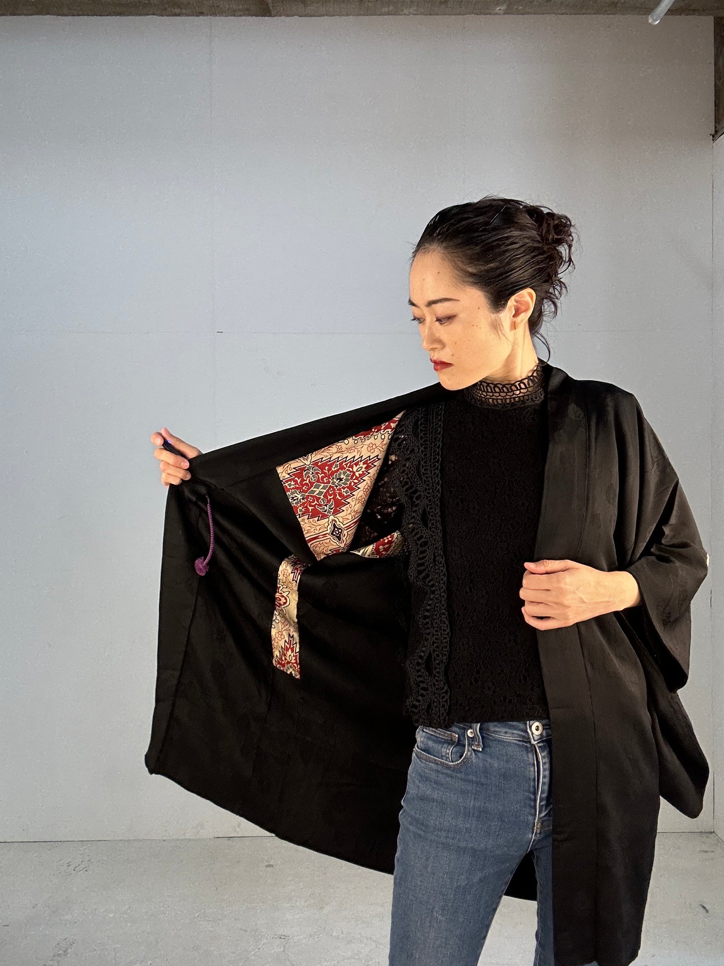 VINTAGE BLACK HAORI "beautiful antique hishigata ining ground pattern”