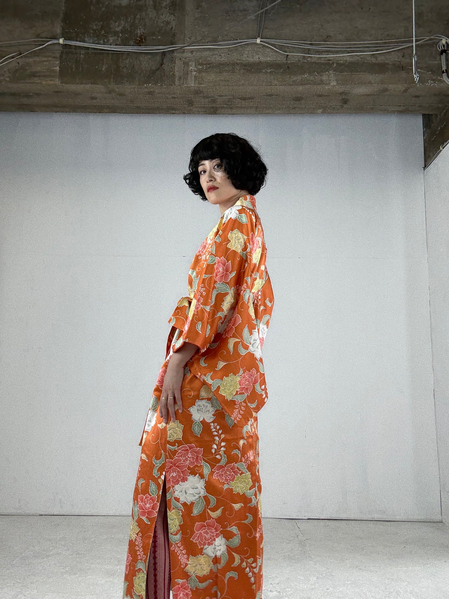 Kimono dress gown and string belt upcycled from Japanese kimono "komon youbana" *damage