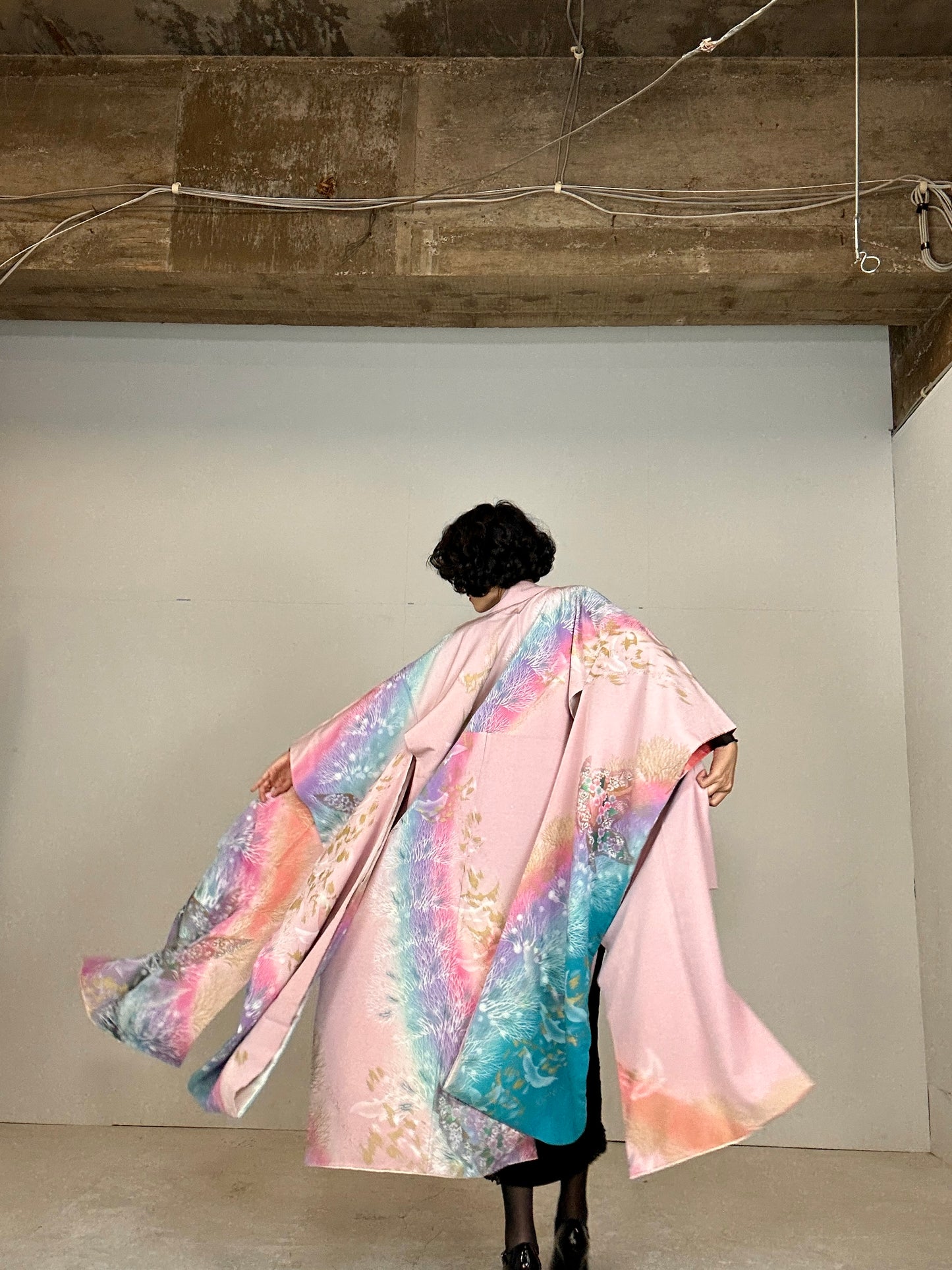 Furisode Kimono dress gown and string belt upcycled from Japanese kimono "sky gradient bird"