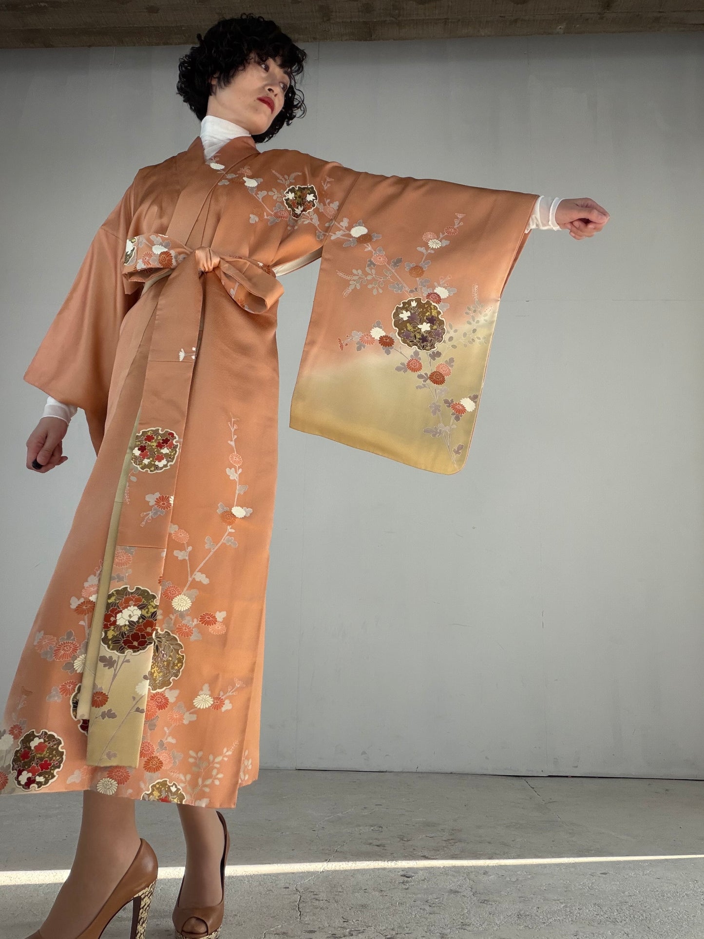 Houmongi Kimono Dress Gown with String Belt – Upcycled from Vintage Japanese Kimono "akebonoiro, DRE032"