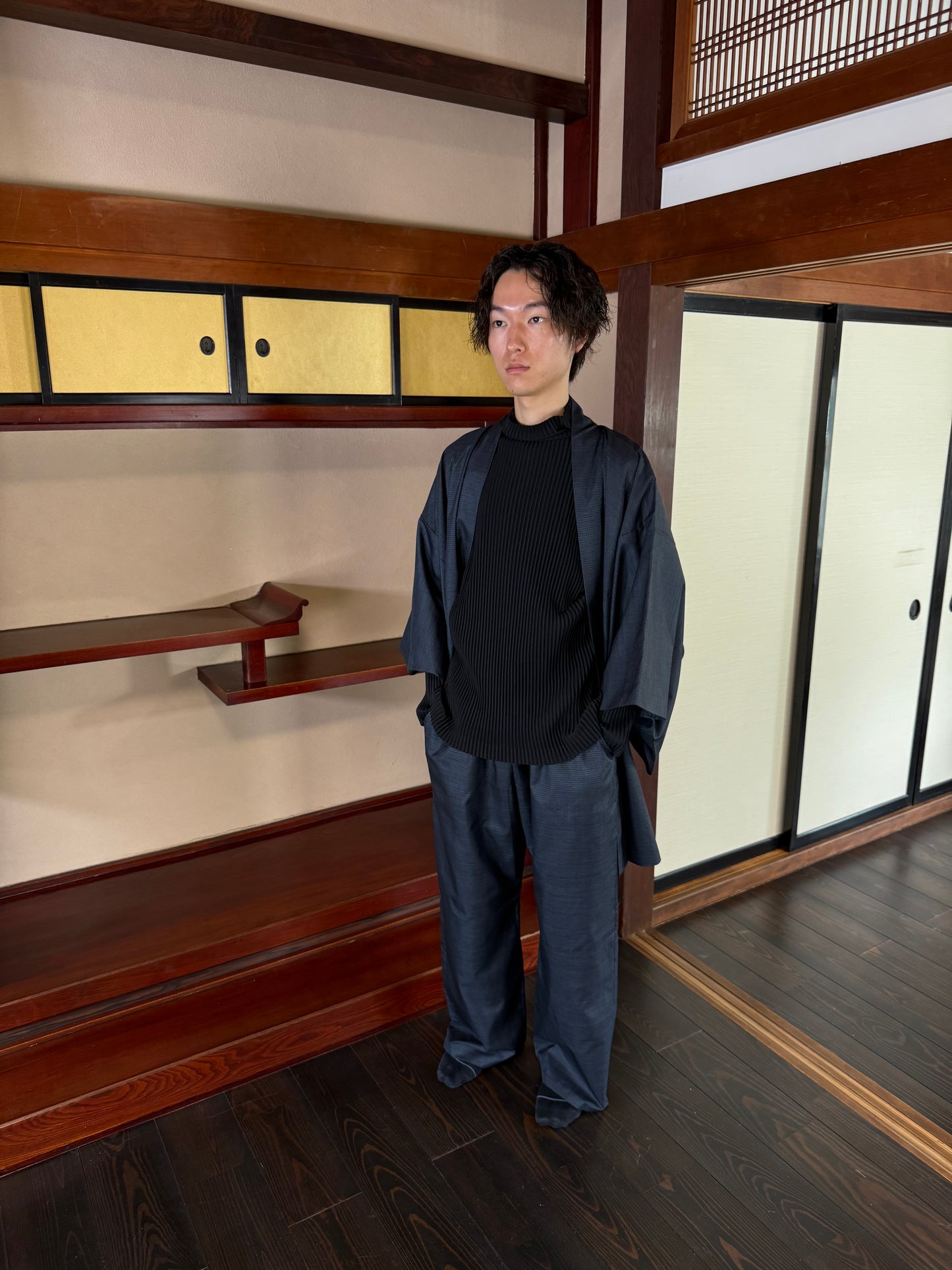 Oshima Tsumugi HAORI  and KIMONO elastic waist pants upcycled from Japanese kimono"keshiki, blue"version 2 shoshi ari