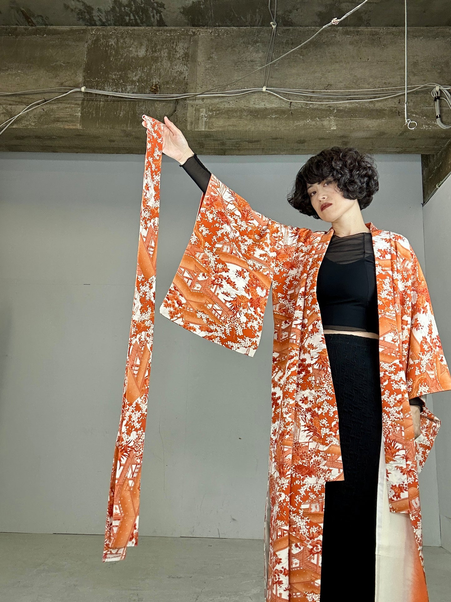 Kimono dress gown and string belt upcycled from Japanese kimono "komon orange shikikusabana"