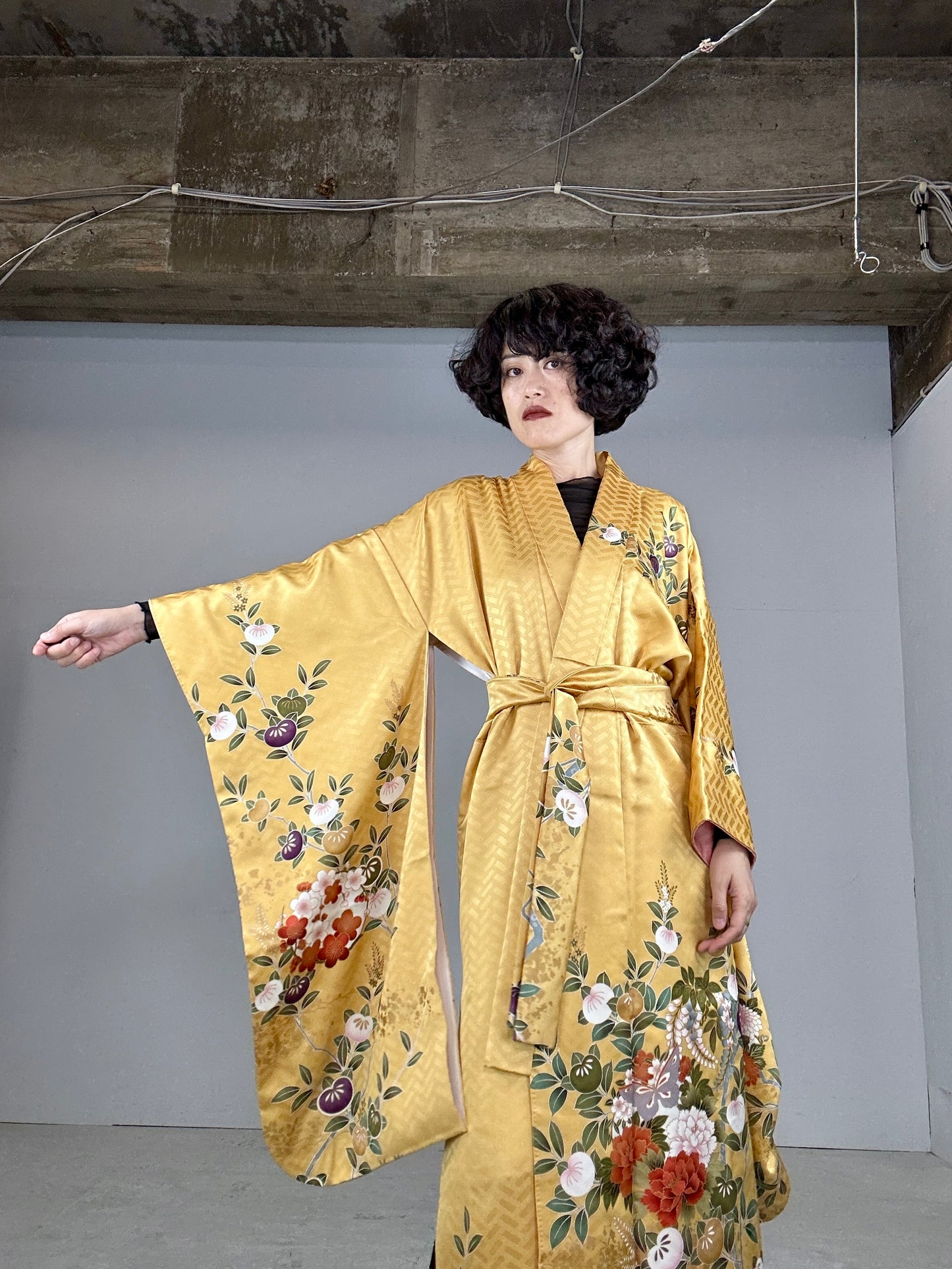 Furisode Kimono dress gown and string belt upcycled from Japanese kimono "yellow"