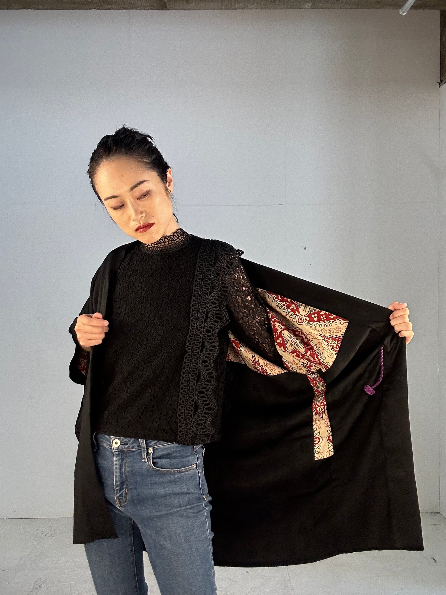 VINTAGE BLACK HAORI "beautiful antique hishigata ining ground pattern”