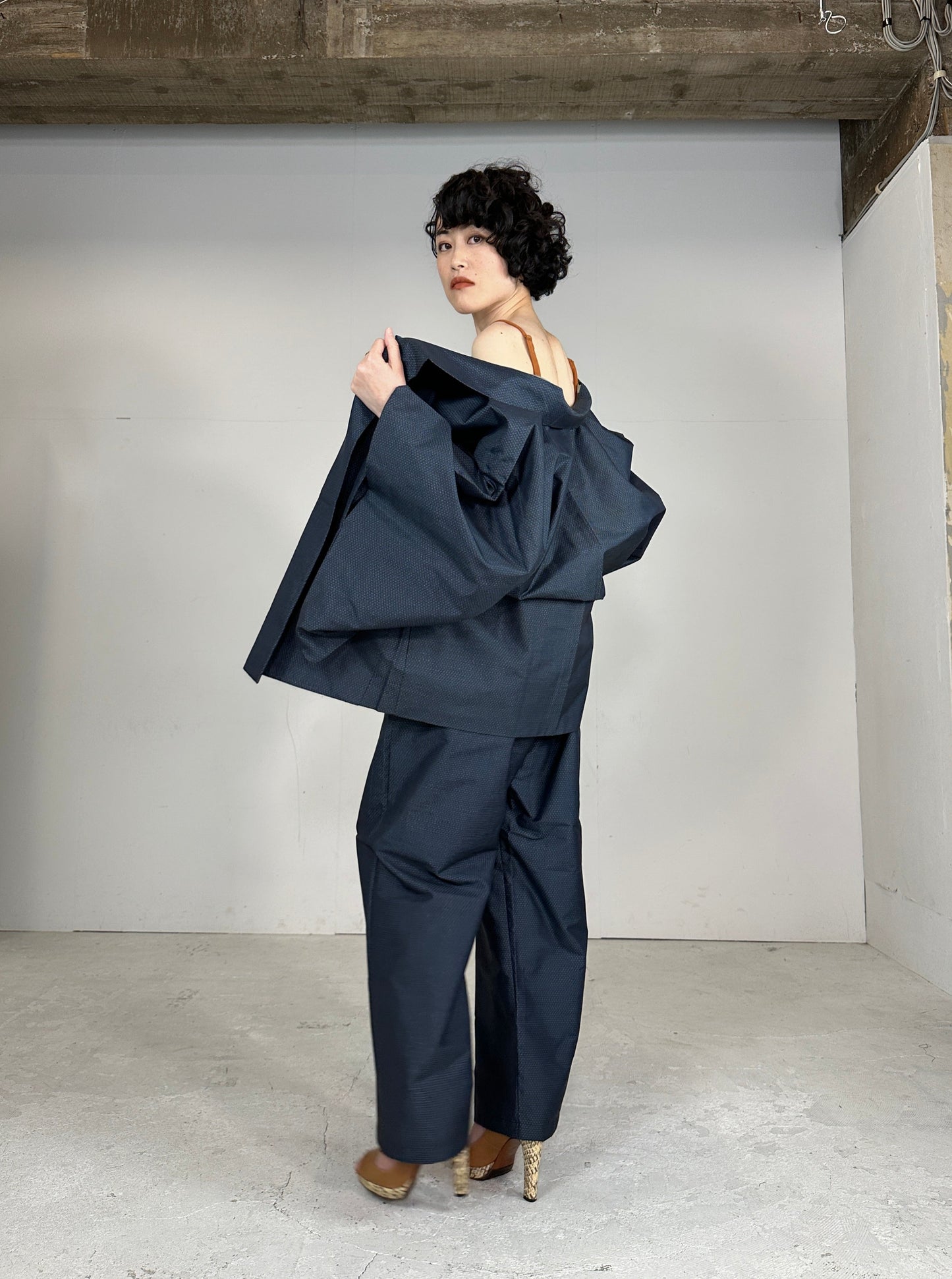 Oshima Tsumugi HAORI  and KIMONO elastic waist pants(large size) upcycled from Japanese kimono(Unisex)"Takarabune" *damage