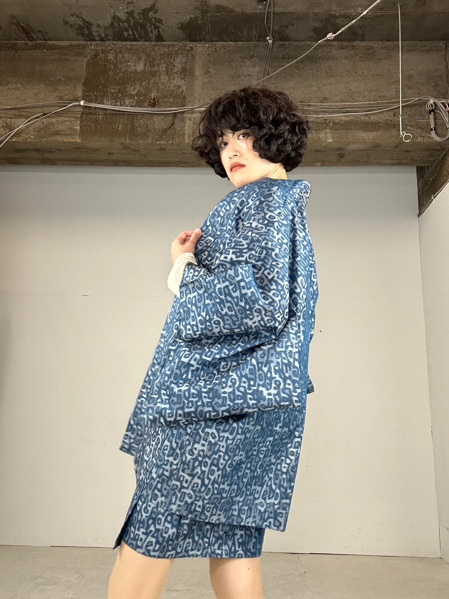 Tsumugi HAORI and KIMONO Skirt, Camisole upcycled from Japanese kimono"sarasa blue"