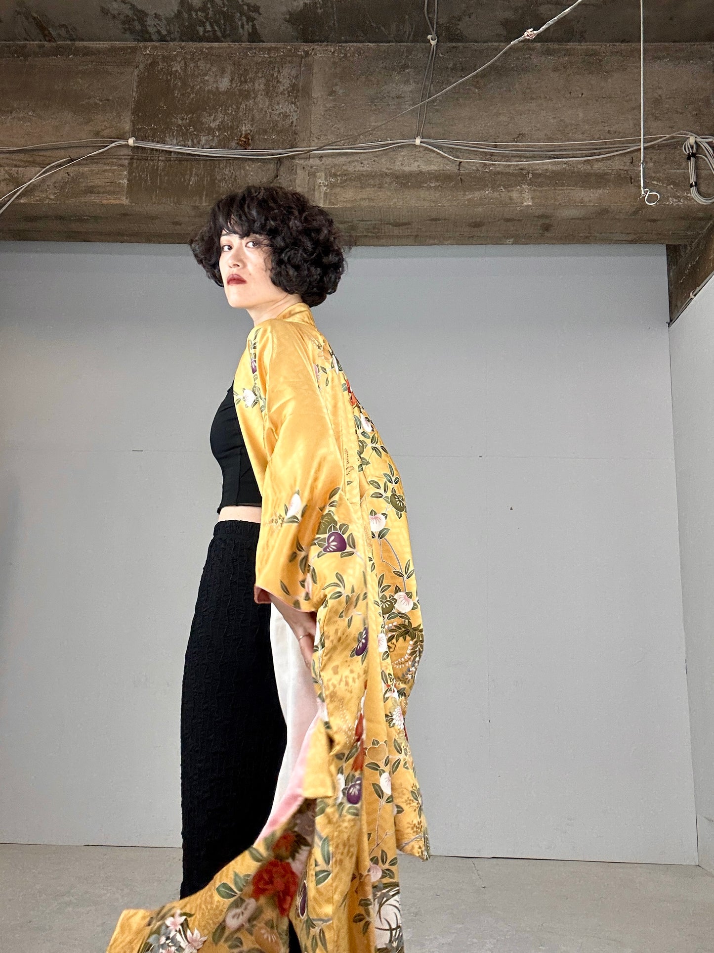 Furisode Kimono dress gown and string belt upcycled from Japanese kimono "yellow"