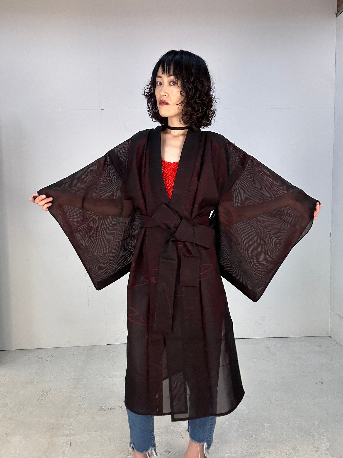 SHEER kimono dress gown and string belt upcycled from Japanese kimono