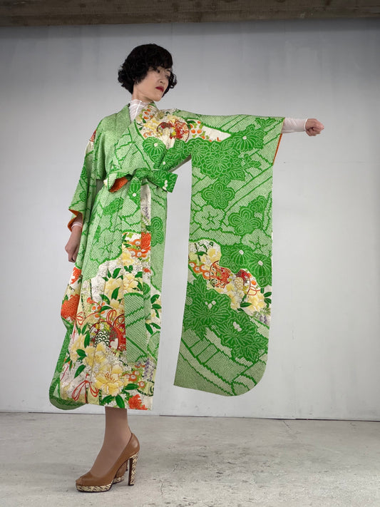 Furisode Kimono Dress Gown with String Belt – Upcycled from Vintage Japanese Kimono "shibori, green, mix, DRE020"