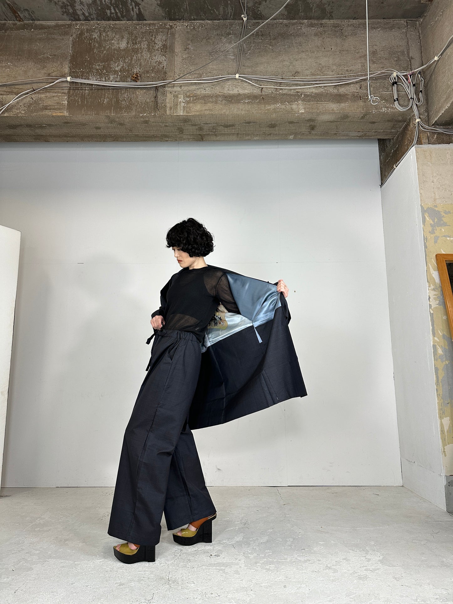 Oshima Tsumugi HAORI  and KIMONO elastic waist pants(large size) upcycled from Japanese kimono(Unisex)"NIHONBASHI_blue pattern"