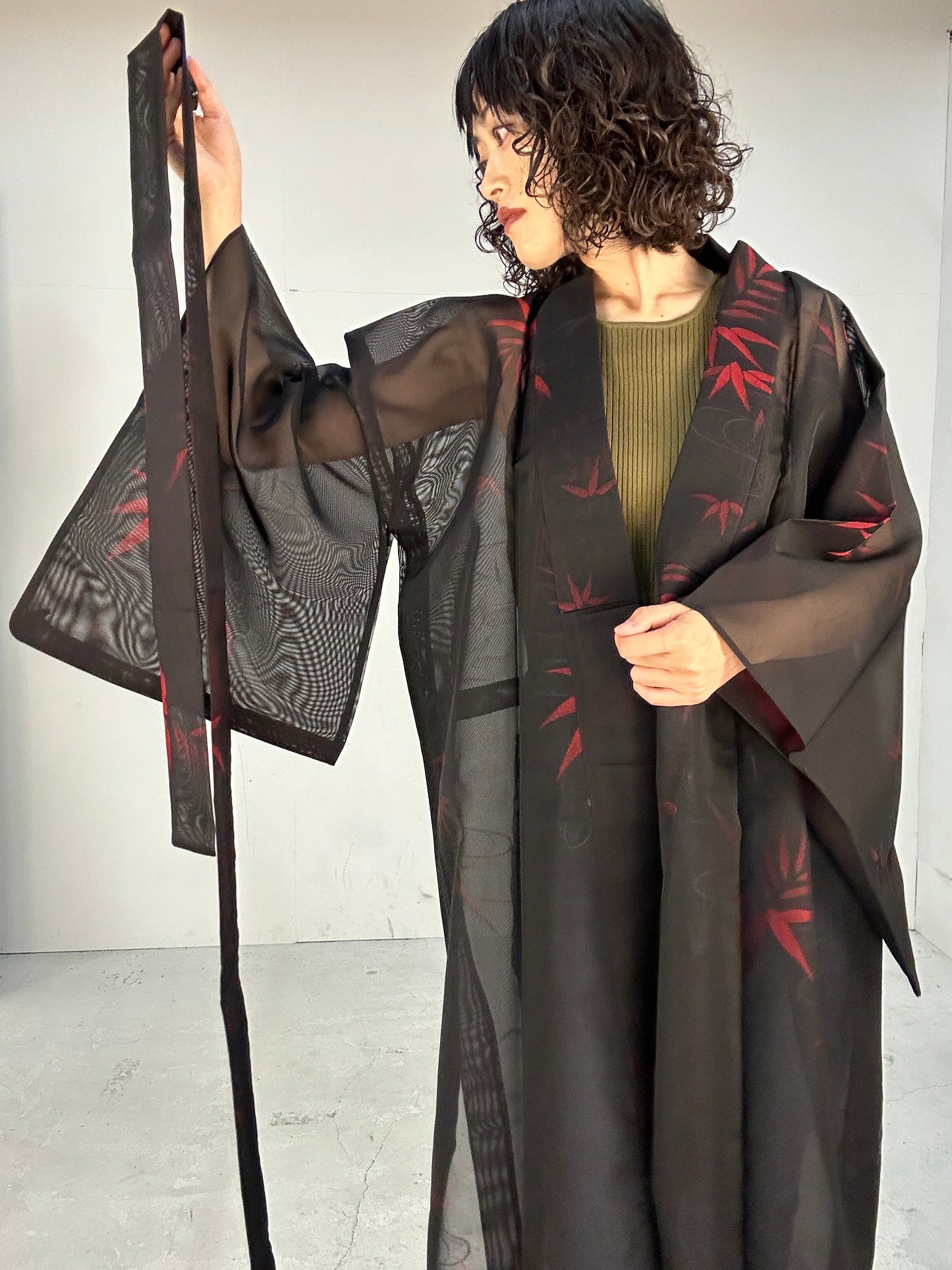 SHEER kimono dress gown and string belt upcycled from Japanese kimono "sasa"