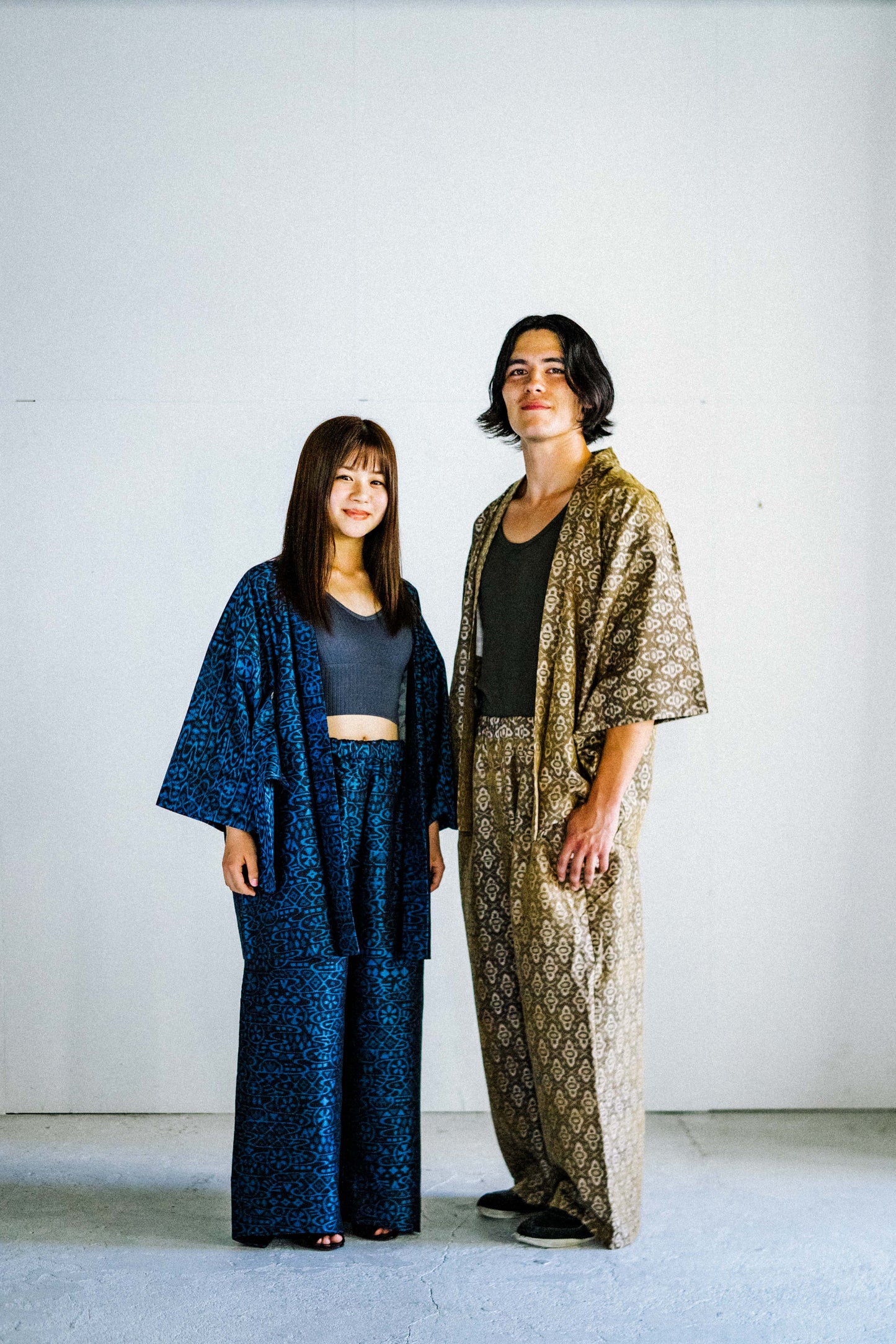 07gold Tsumugi HAORI and KIMONO elastic waist pants upcycled from Japanese kimono(Unisex)