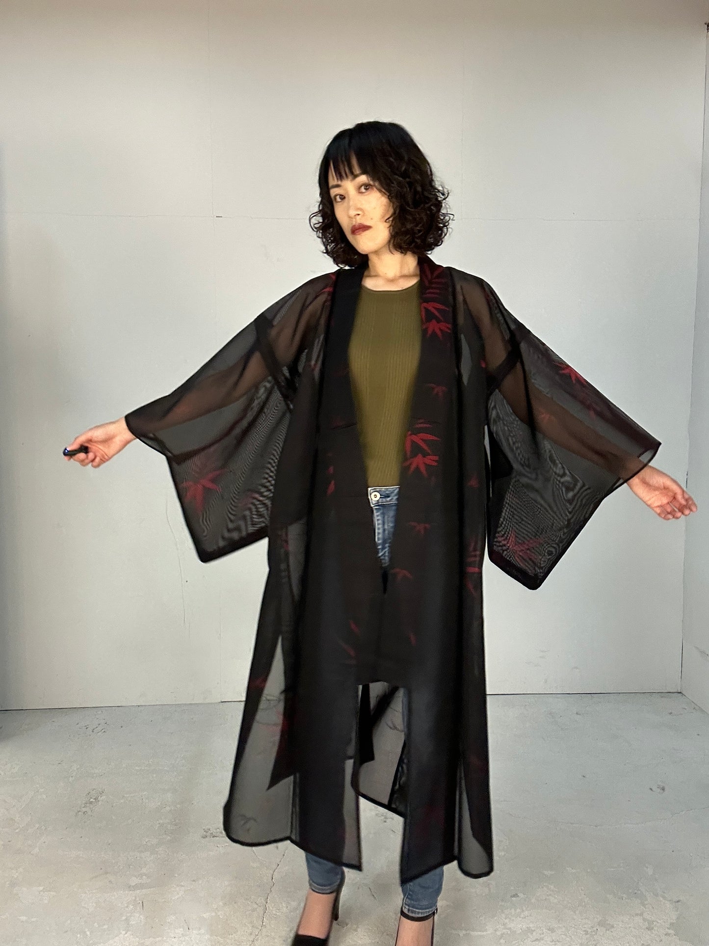 SHEER kimono dress gown and string belt upcycled from Japanese kimono "sasa"