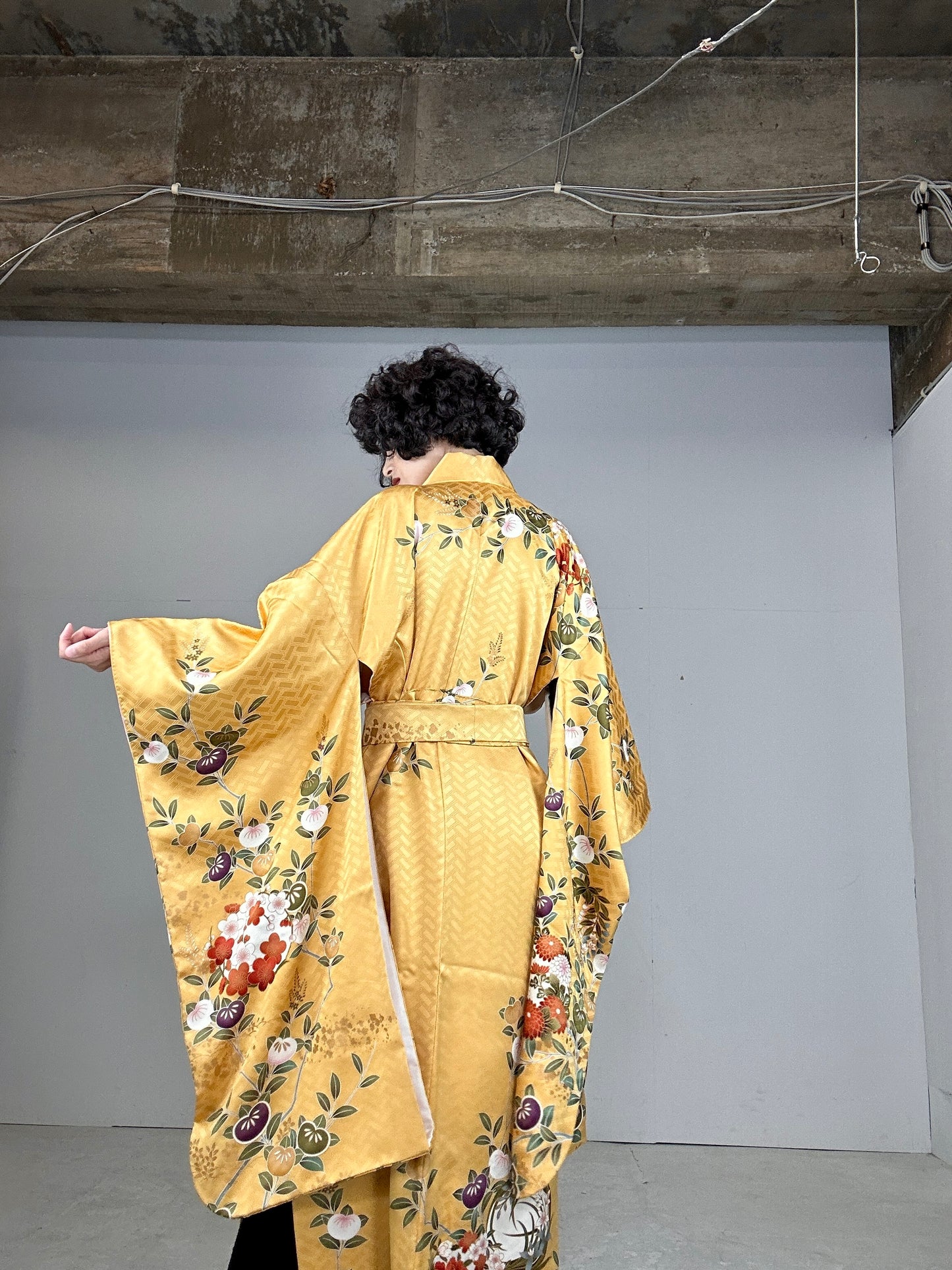 Furisode Kimono dress gown and string belt upcycled from Japanese kimono "yellow"