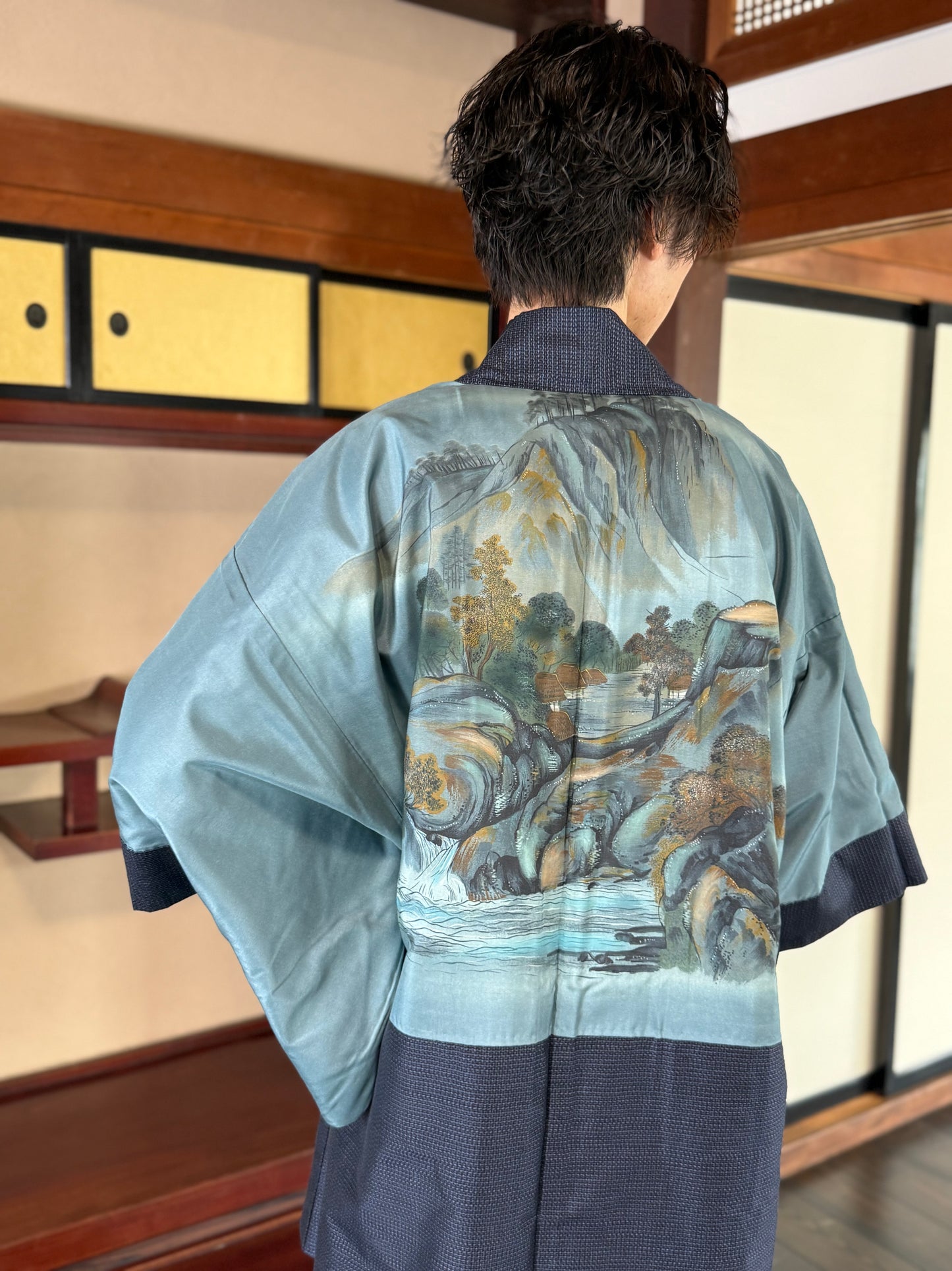 Oshima Tsumugi HAORI  and KIMONO elastic waist pants upcycled from Japanese kimono"keshiki, blue"version 2 shoshi ari