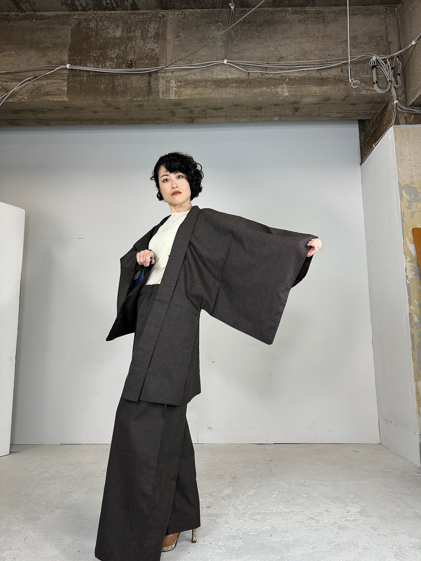 Tsumugi HAORI  and KIMONO elastic waist pants(large size) upcycled from Japanese kimono(Unisex)"iwayaguchi"