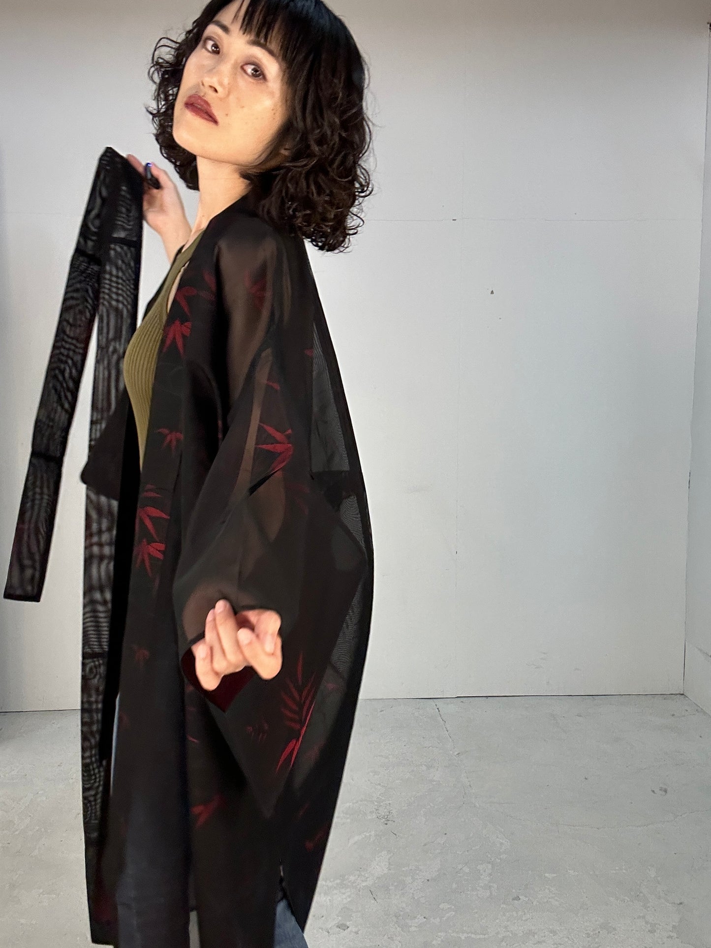 SHEER kimono dress gown and string belt upcycled from Japanese kimono "sasa"