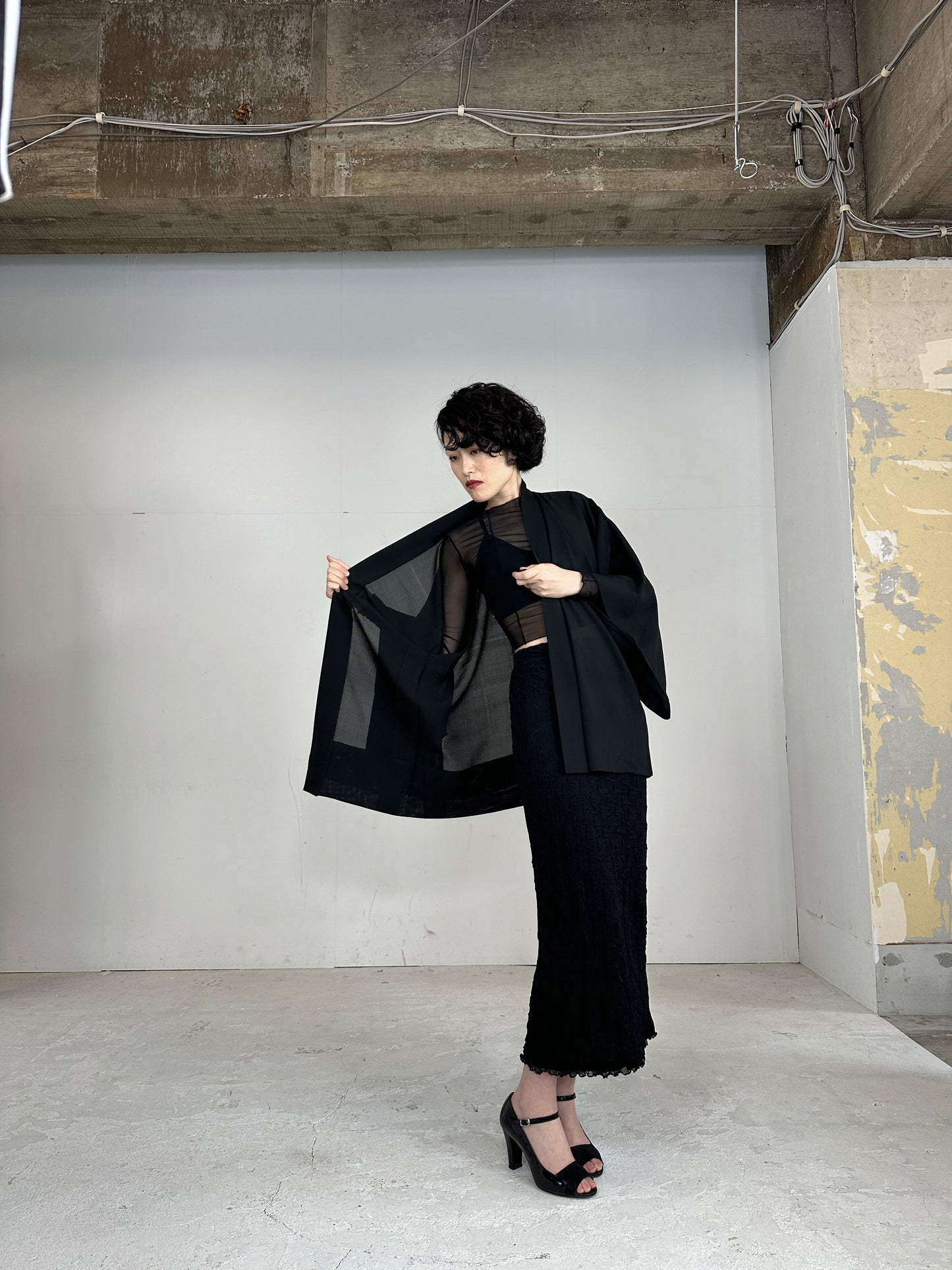 VINTAGE BLACK HAORI SHEER “ro_hana_mon"