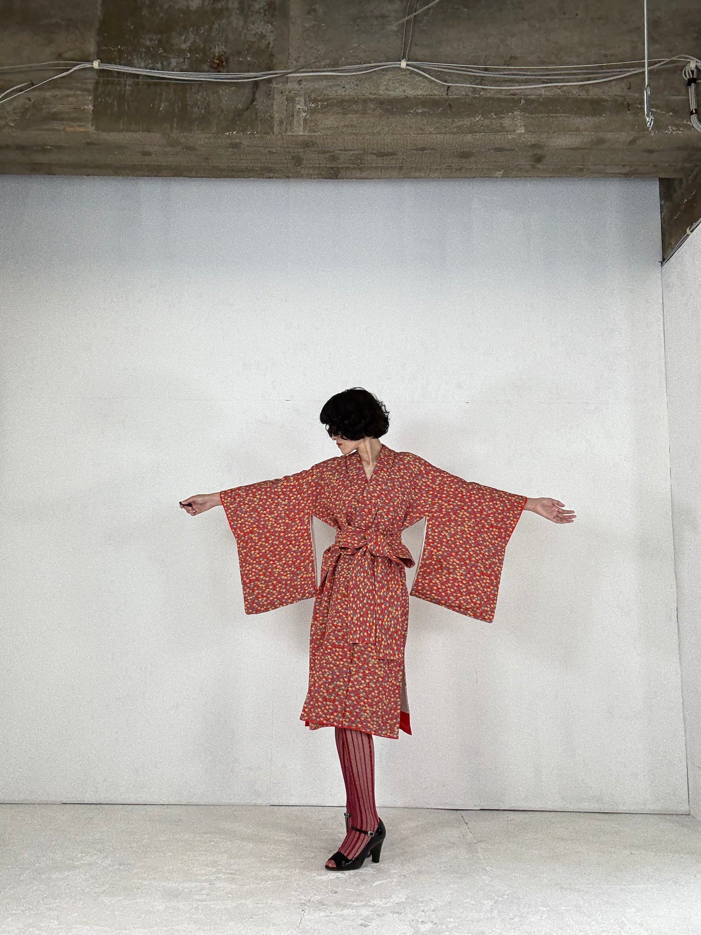 Kimono dress gown and string belt upcycled from Japanese kimono "tachibana" Big Ribbon
