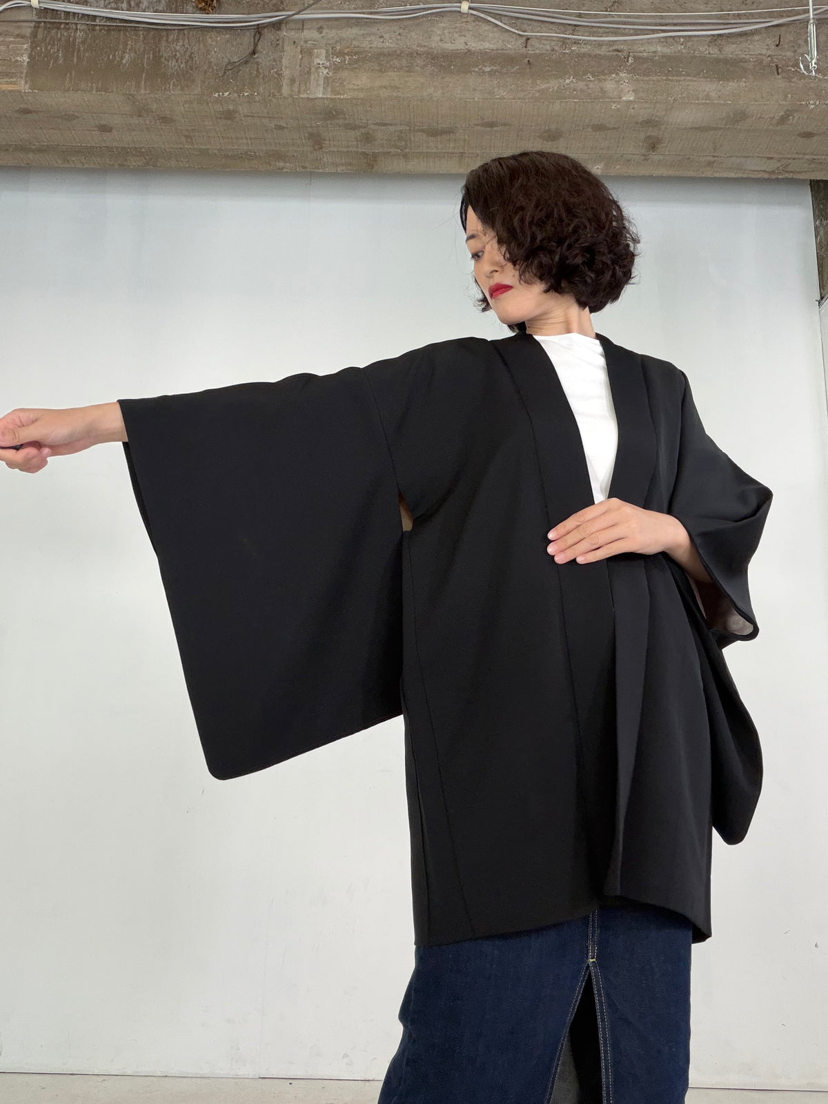 VINTAGE BLACK HAORI  "glitter, BLK205"*damage