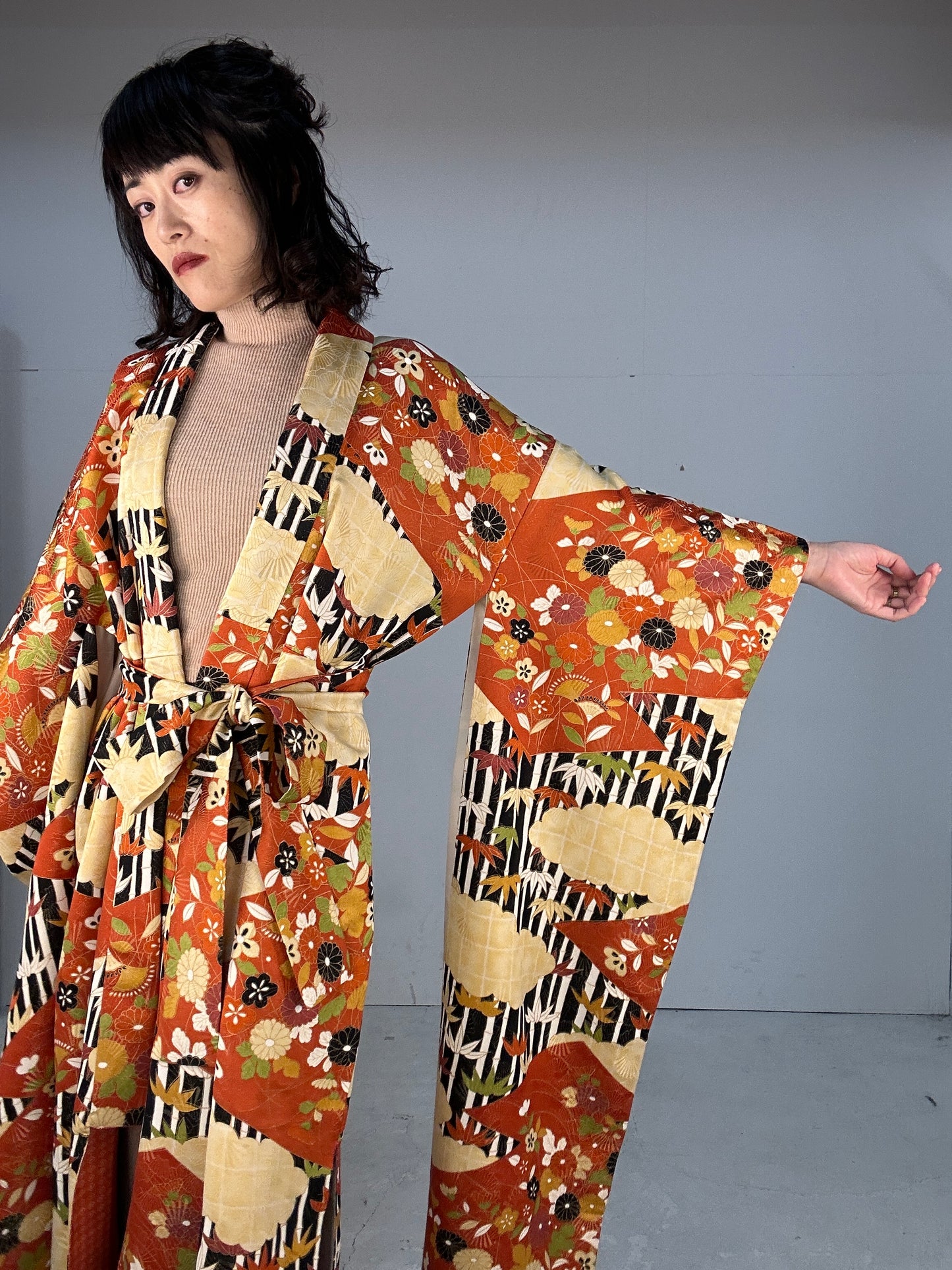 Furisode Kimono dress gown and string belt upcycled from Japanese kimono "furisode kuro"