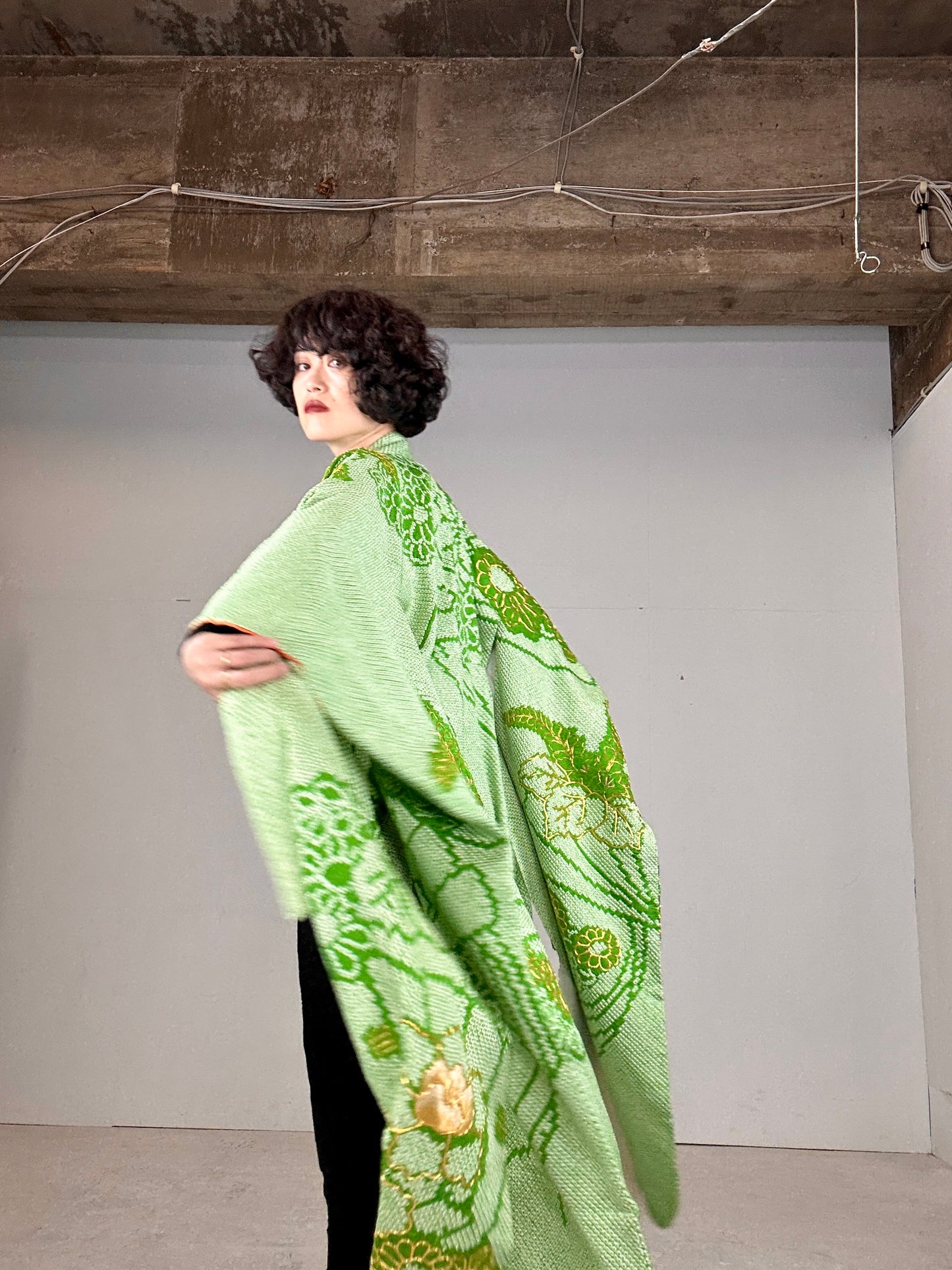 Furisode Kimono dress gown and string belt upcycled from Japanese kimono "shibori green"