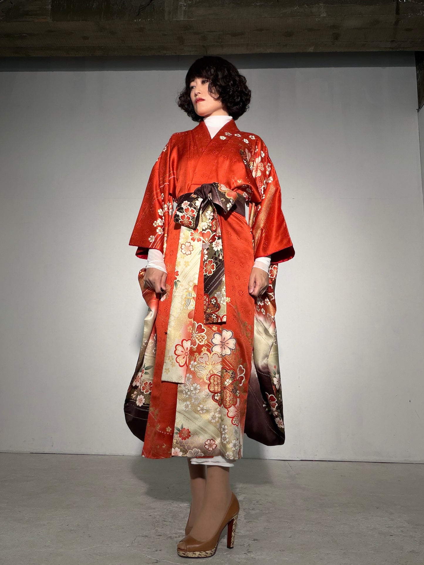 Furisode Kimono Dress Gown with String Belt – Upcycled from Vintage Japanese Kimono "red, cha, DRE037"