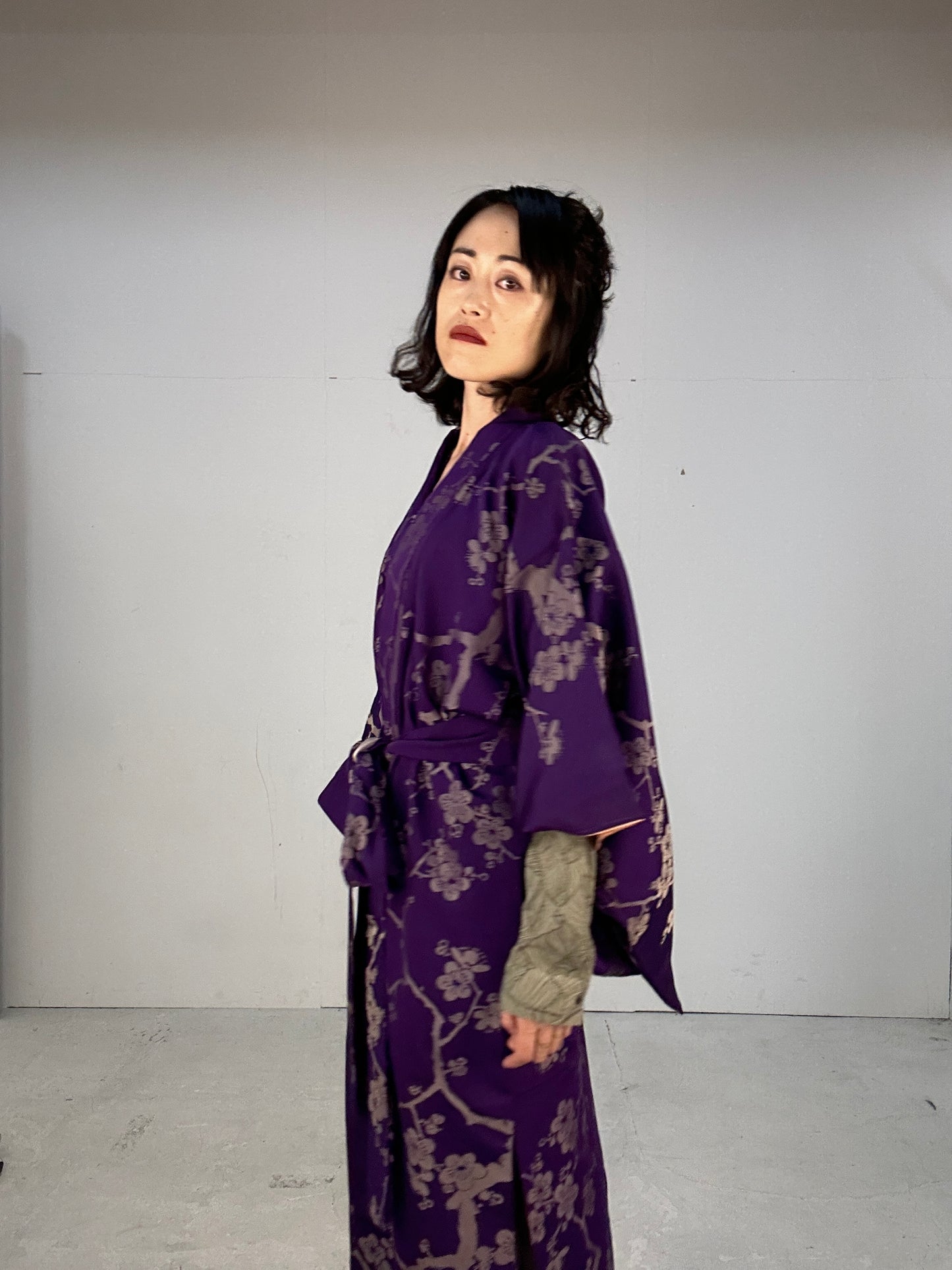 Kimono dress gown and string belt upcycled from Japanese kimono "komon ume"