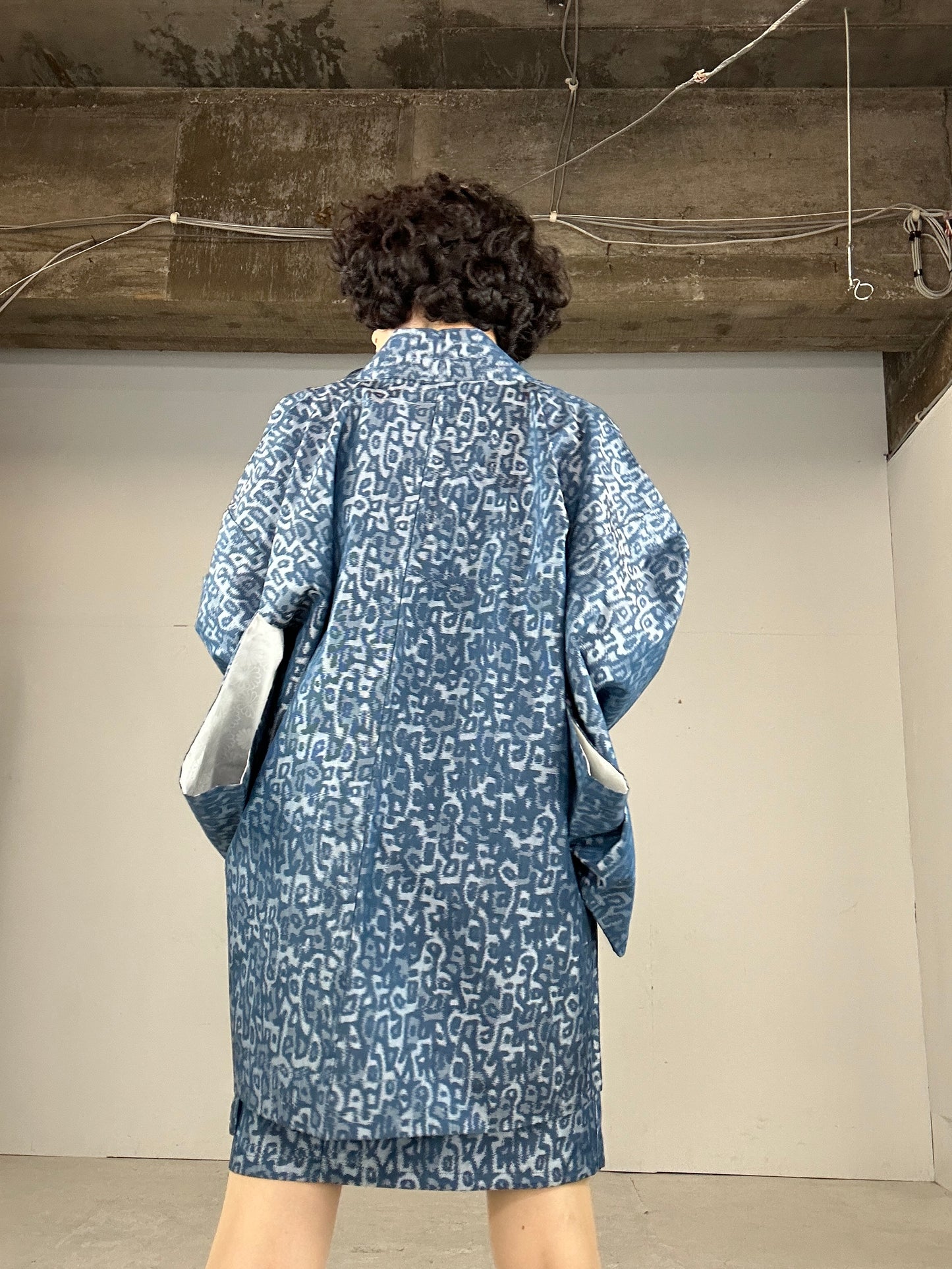 Tsumugi HAORI and KIMONO Skirt, Camisole upcycled from Japanese kimono"sarasa blue"