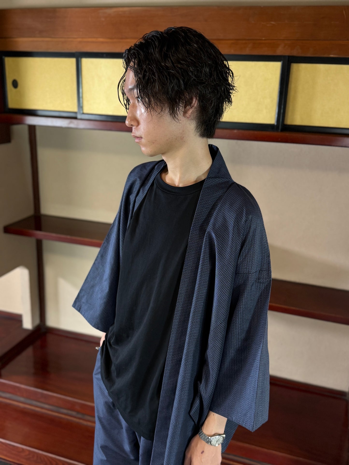 Oshima Tsumugi HAORI  and KIMONO elastic waist pants upcycled from Japanese kimono"taka"version 2