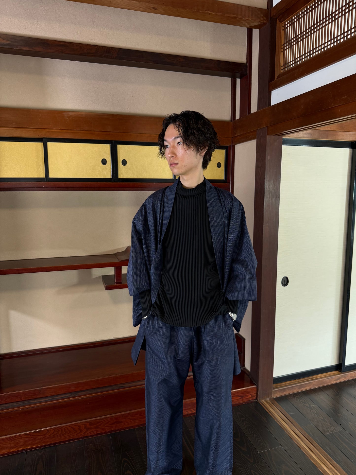 Oshima Tsumugi HAORI  and KIMONO elastic waist pants upcycled from Japanese kimono"keshiki, blue"version 2 shoshi ari