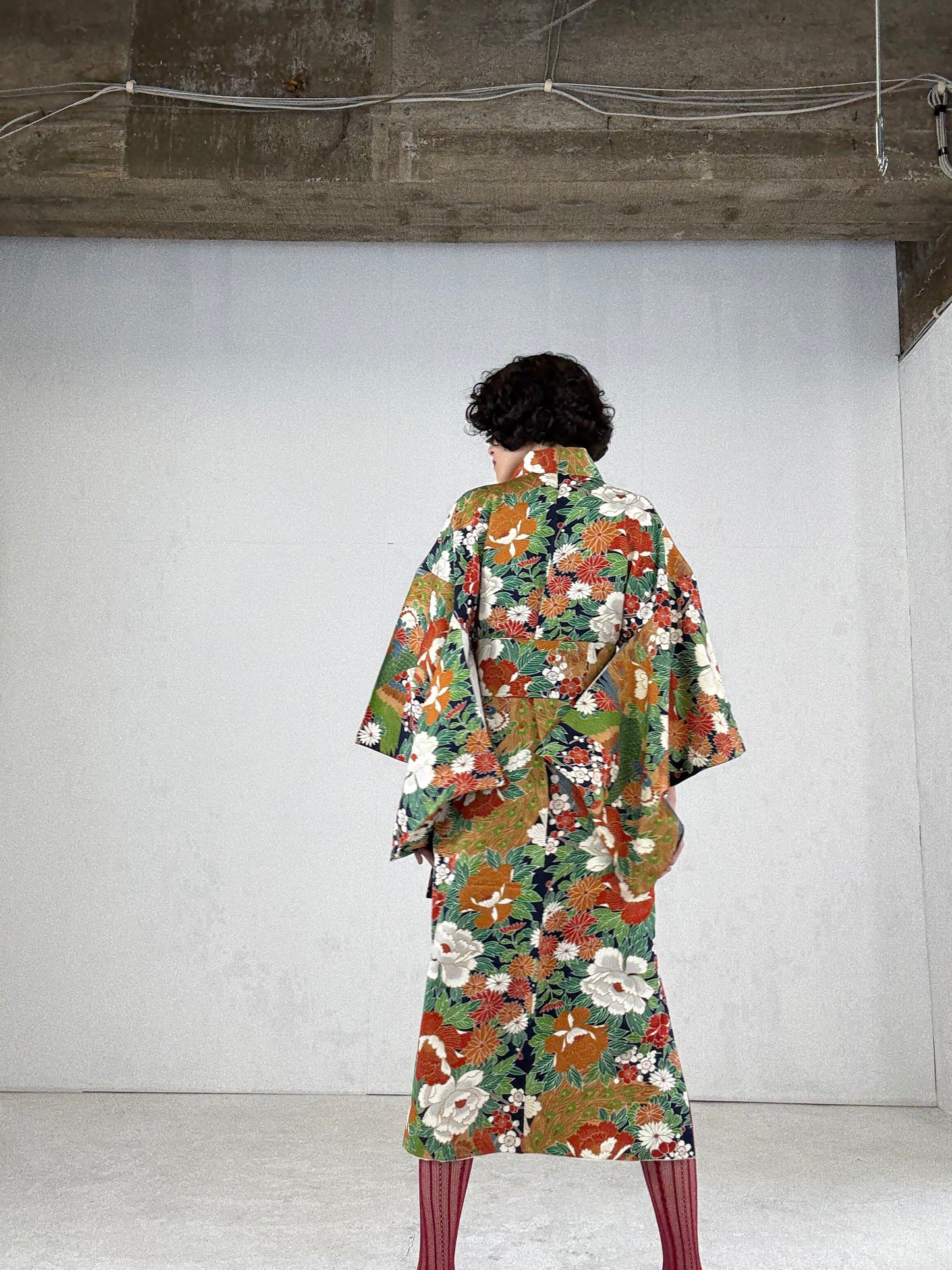 Kimono dress gown and string belt upcycled from Japanese kimono "hanadukushi" Big Ribbon