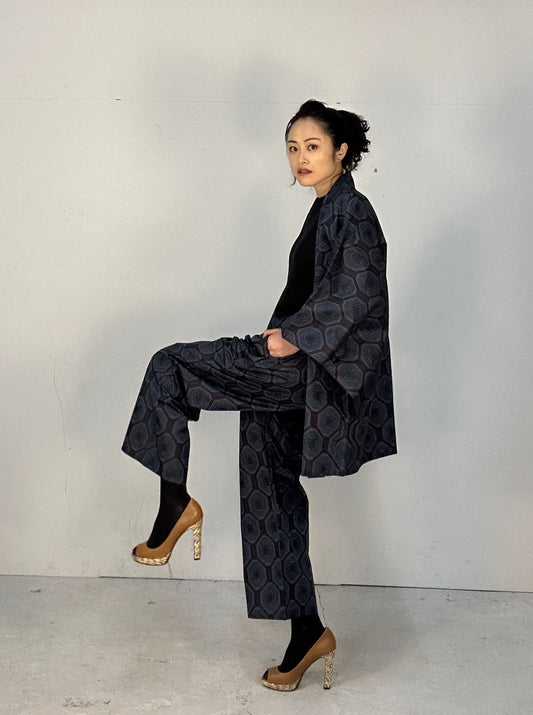 11 HAKKAKUKEI Tsumugi HAORI and KIMONO elastic waist pants upcycled from Japanese kimono(Unisex)