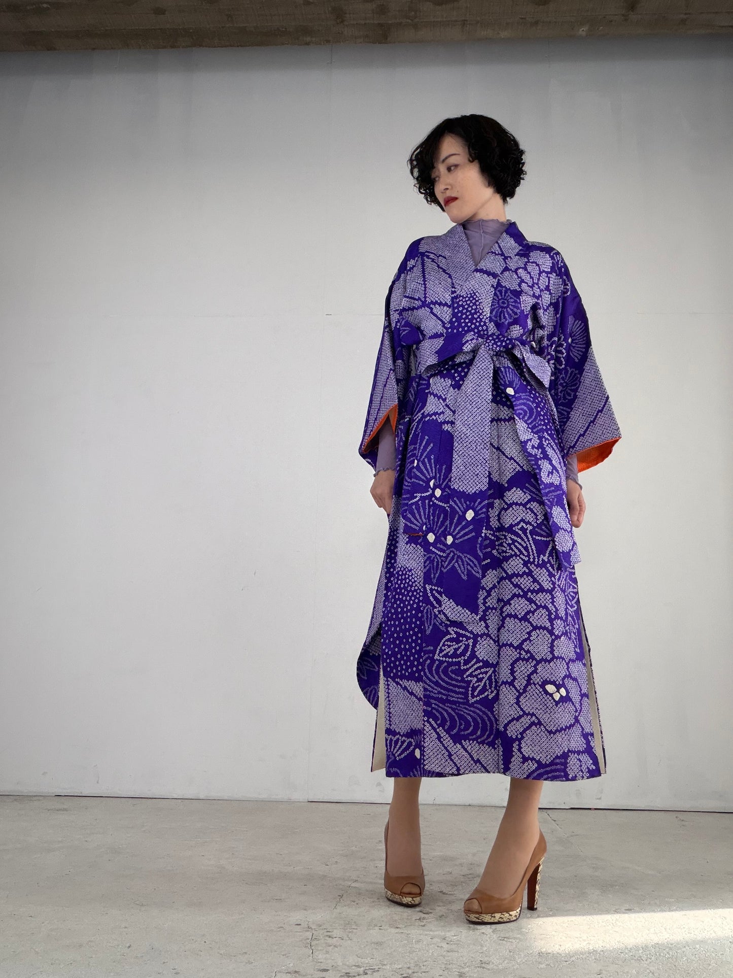 Furisode Kimono Dress Gown with String Belt – Upcycled from Vintage Japanese Kimono "shibori, ,murasaki, DRE022"