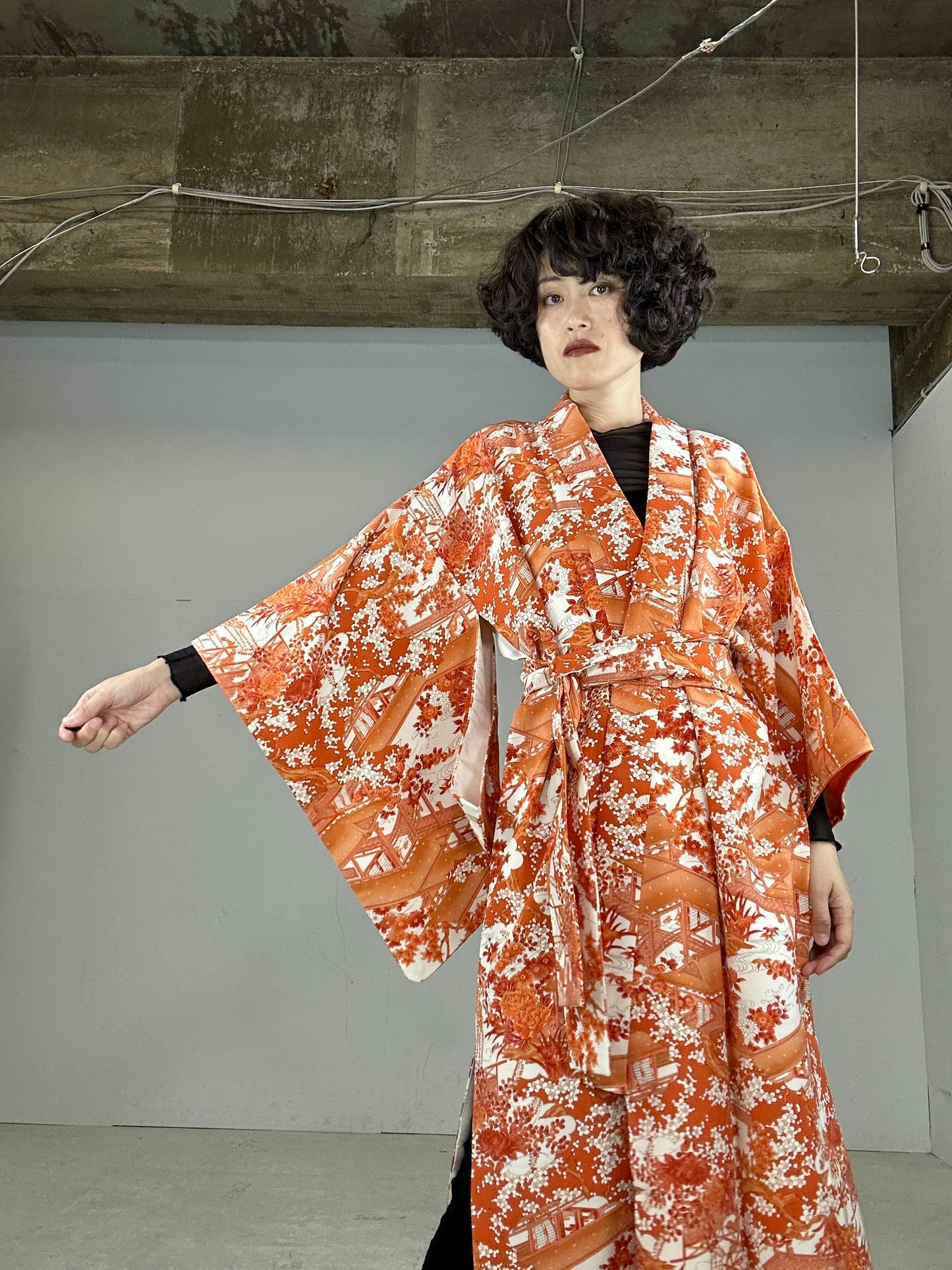 Kimono dress gown and string belt upcycled from Japanese kimono "komon orange shikikusabana"